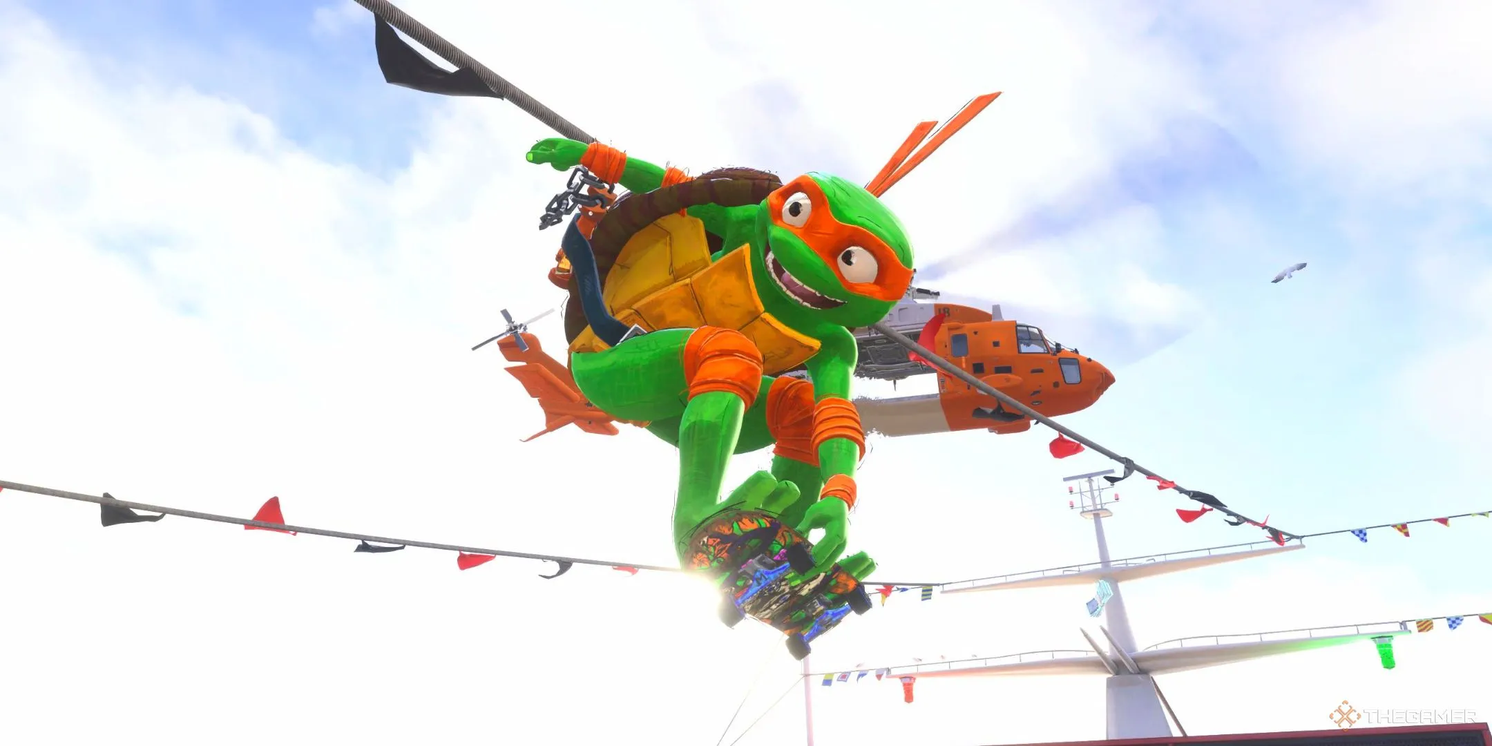 Michelangelo, chú rùa Ninja, thực hiện cú grab trick trên không trong Tony Hawk's Pro Skater 3+4.