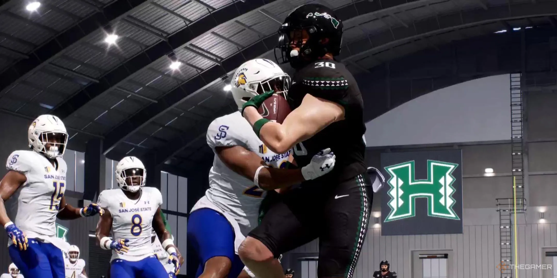 Một cầu thủ bị truy cản quyết liệt trong game College Football 26, minh họa khoảnh khắc căng thẳng có thể được làm nổi bật bằng nhạc nền.