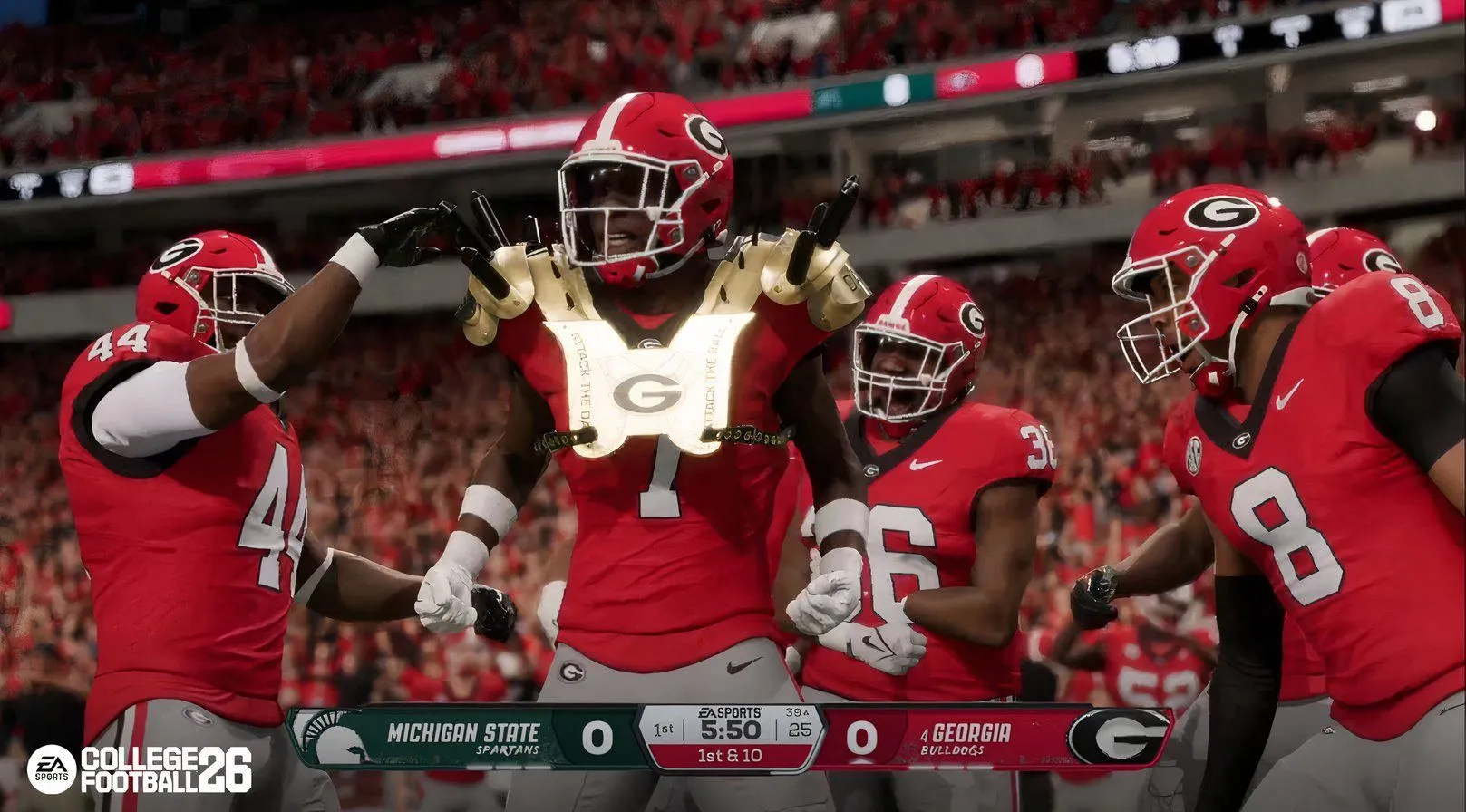 Một pha tranh chấp bóng đầy quyết liệt giữa các cầu thủ trên sân trong EA Sports College Football 26