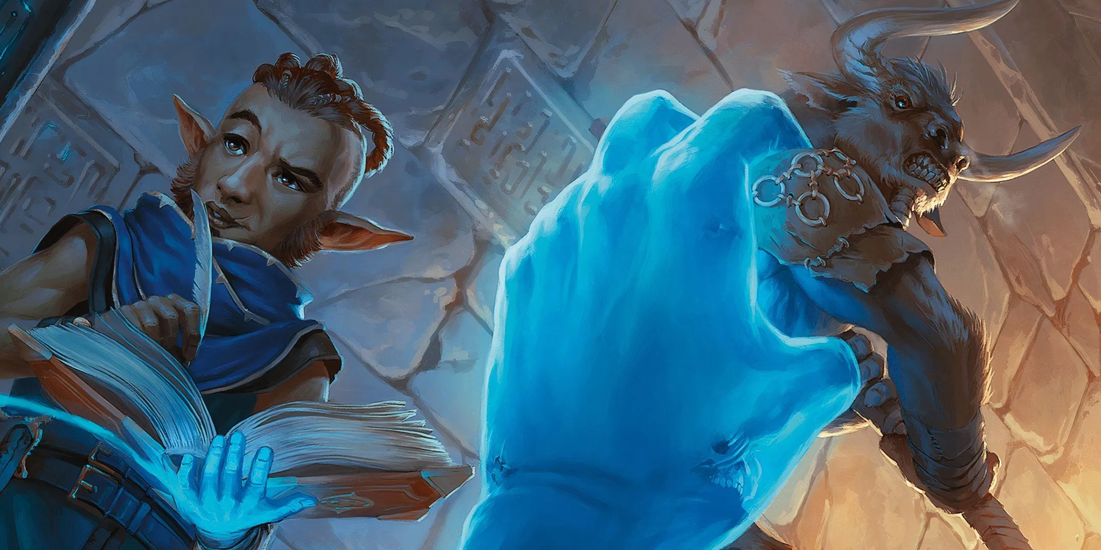 Một pháp sư Dungeons &amp; Dragons triệu hồi Bàn Tay Bigby màu xanh ma thuật.