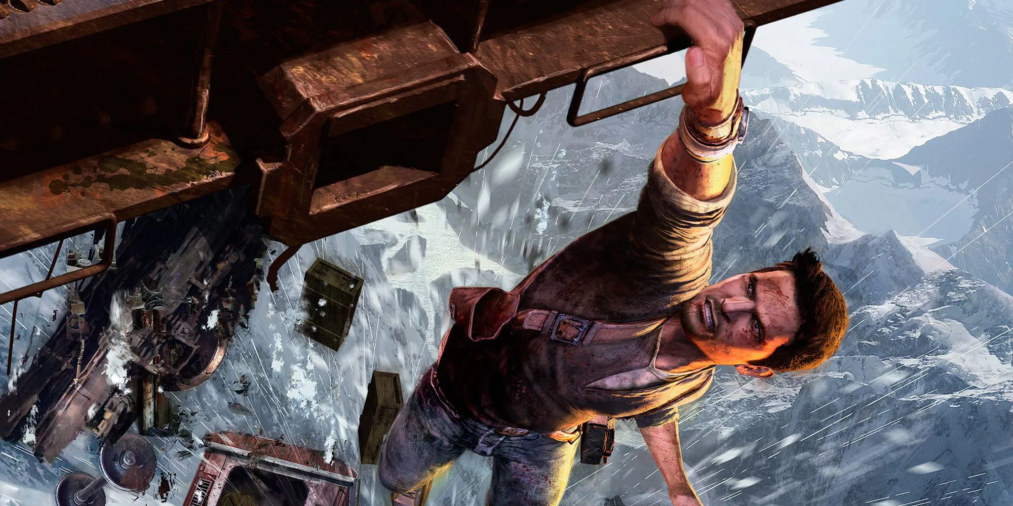 Nathan Drake bám vào tàu hỏa sắp sập trong Uncharted 2: Among Thieves