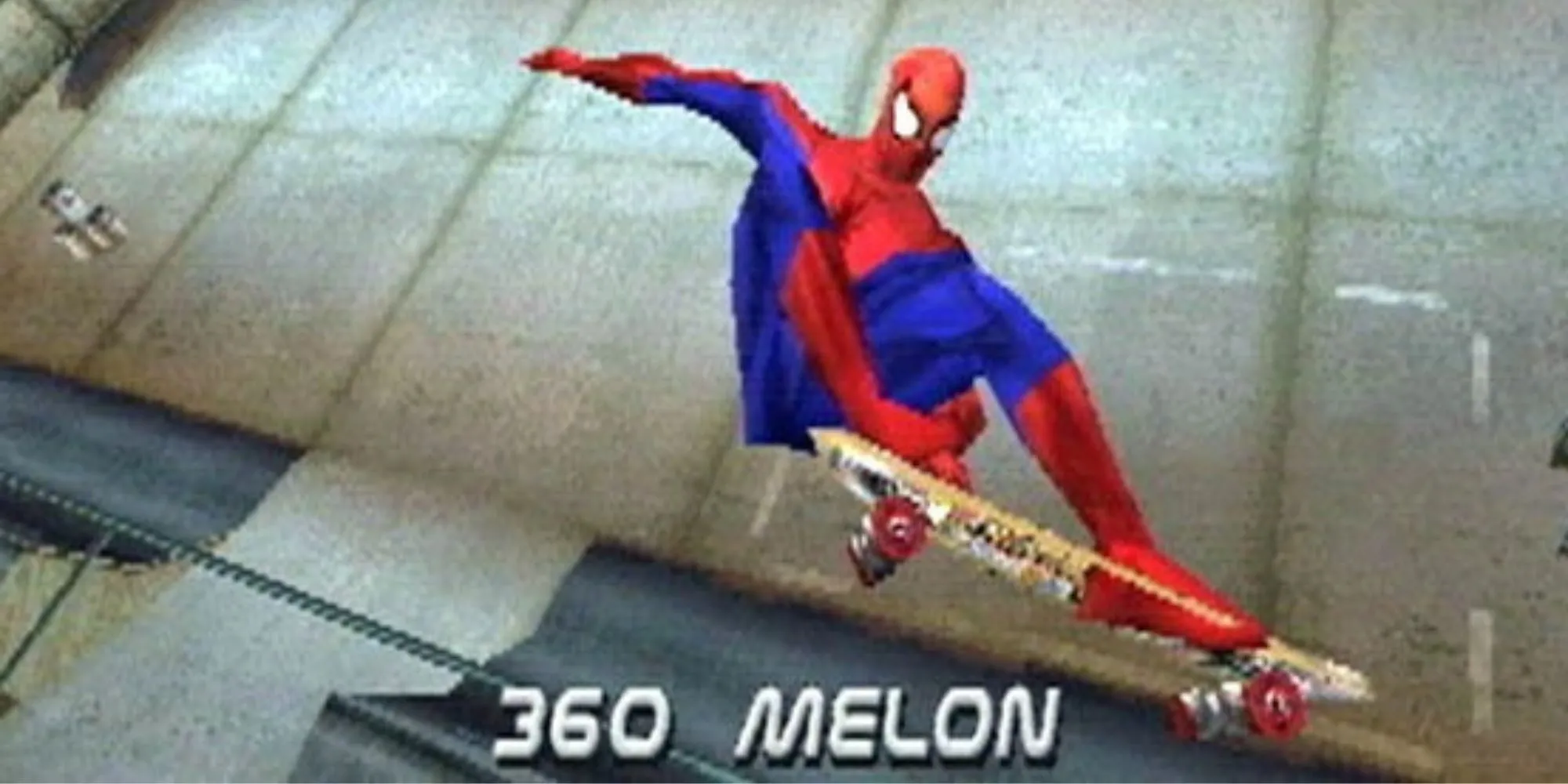 Người Nhện Spider-Man thực hiện cú grab trick ấn tượng trên half-pipe trong Tony Hawk's Pro Skater 2.