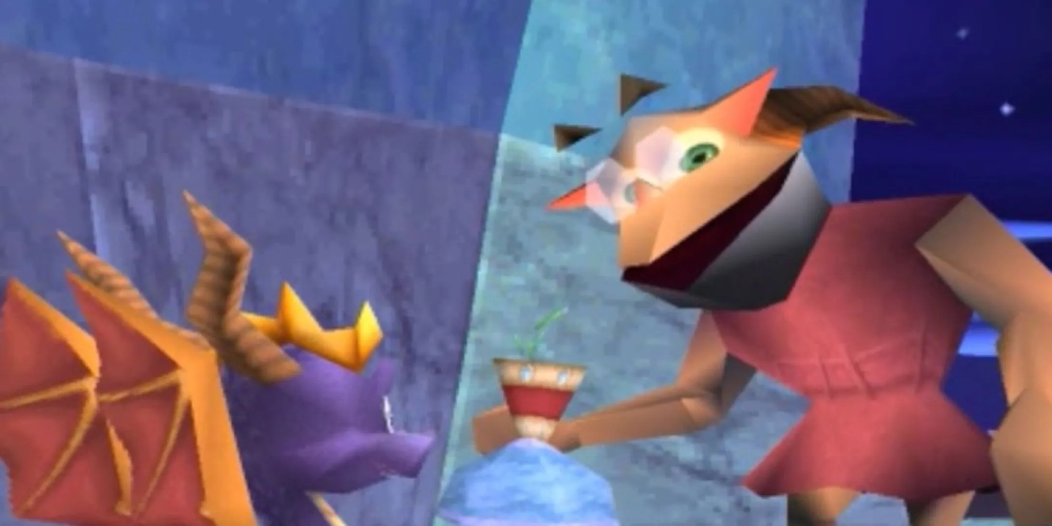 Nhân vật Alchemist cầm bình thuốc nói chuyện với Spyro trong Spyro 2, minh họa nhiệm vụ hộ tống.