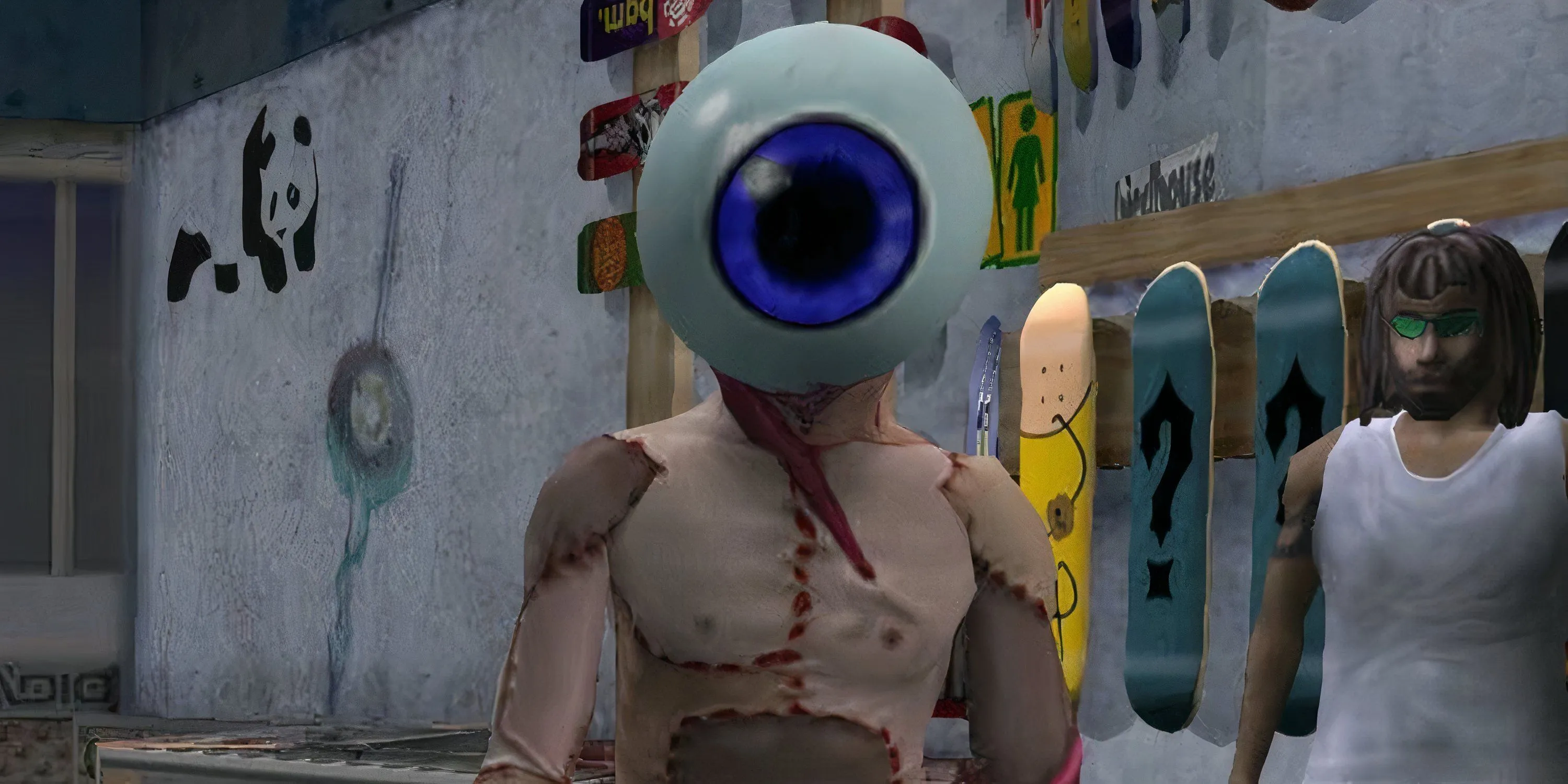 Nhân vật bí mật Neversoft Eyeball trong cửa hàng ván trượt trong Tony Hawk's Pro Skater 3.