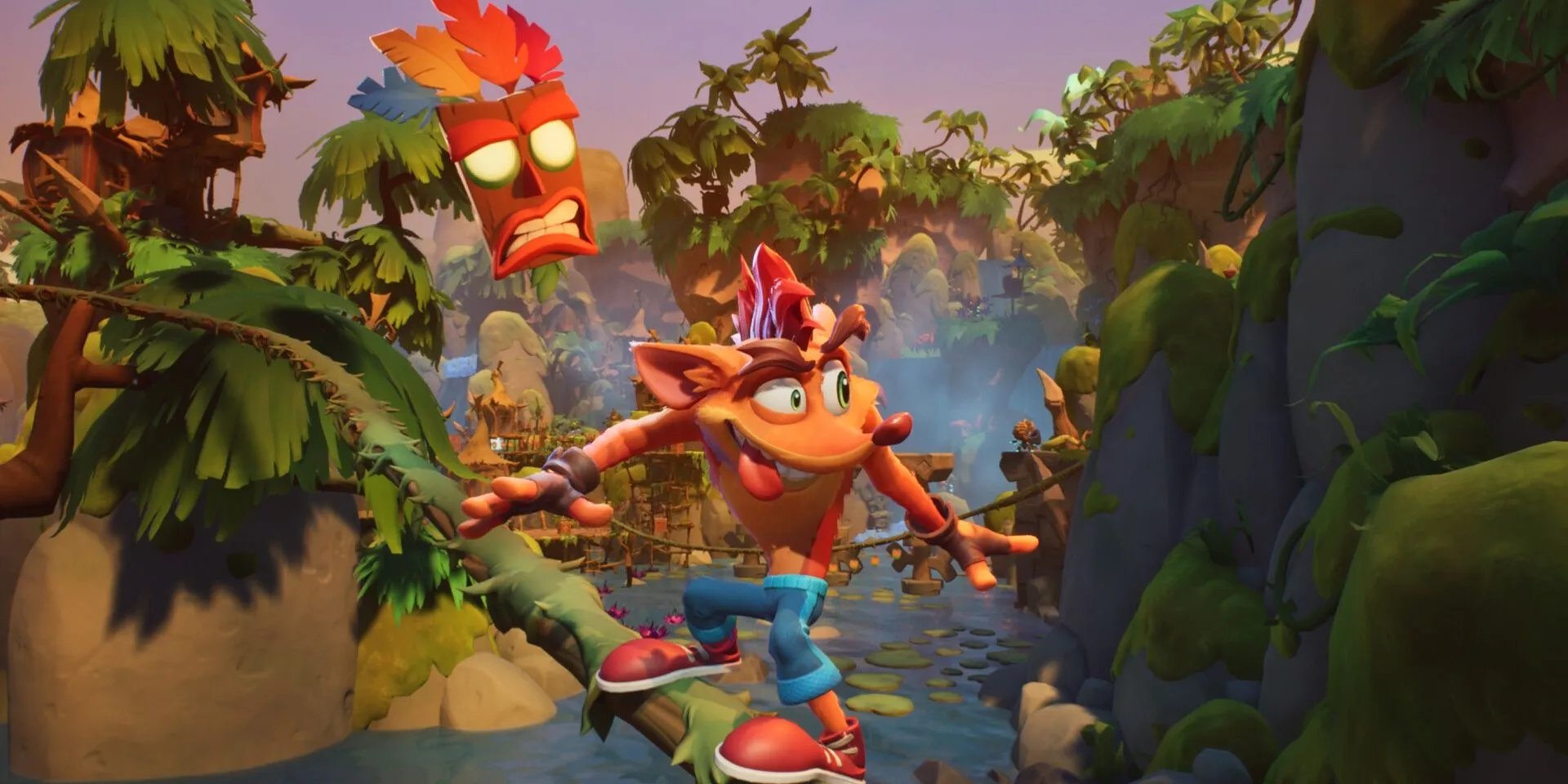 Nhân vật Crash đang trượt trên dây leo trong một màn chơi của game Crash Bandicoot 4