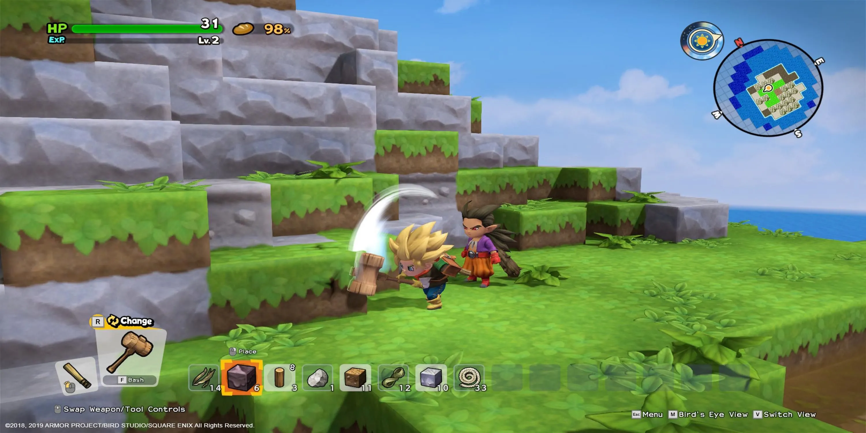 Nhân vật đang dùng búa phá khối vật liệu trong thế giới xây dựng của Dragon Quest Builders 2
