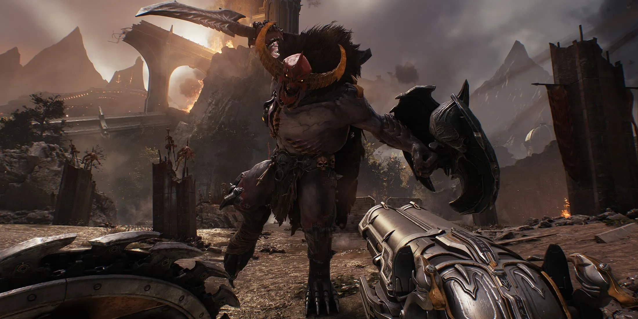 Nhân vật Doom Slayer sử dụng khiên và Super Shotgun trong game Doom: The Dark Ages