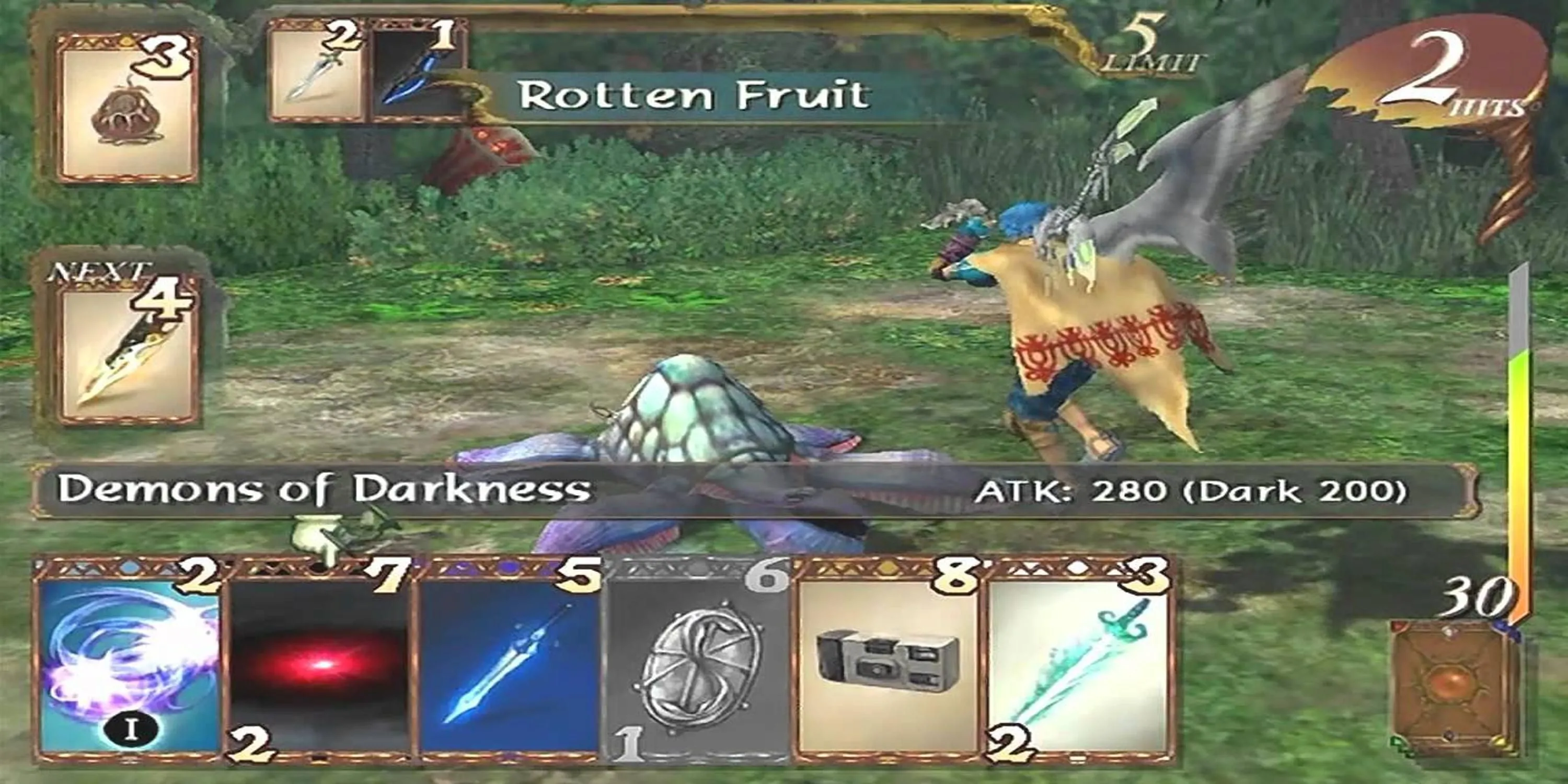 Nhân vật Kalas trong Baten Kaitos Origins đang chiến đấu với quái vật bằng hệ thống thẻ bài độc đáo, thể hiện lối chơi RPG hành động cuốn hút trên GameCube