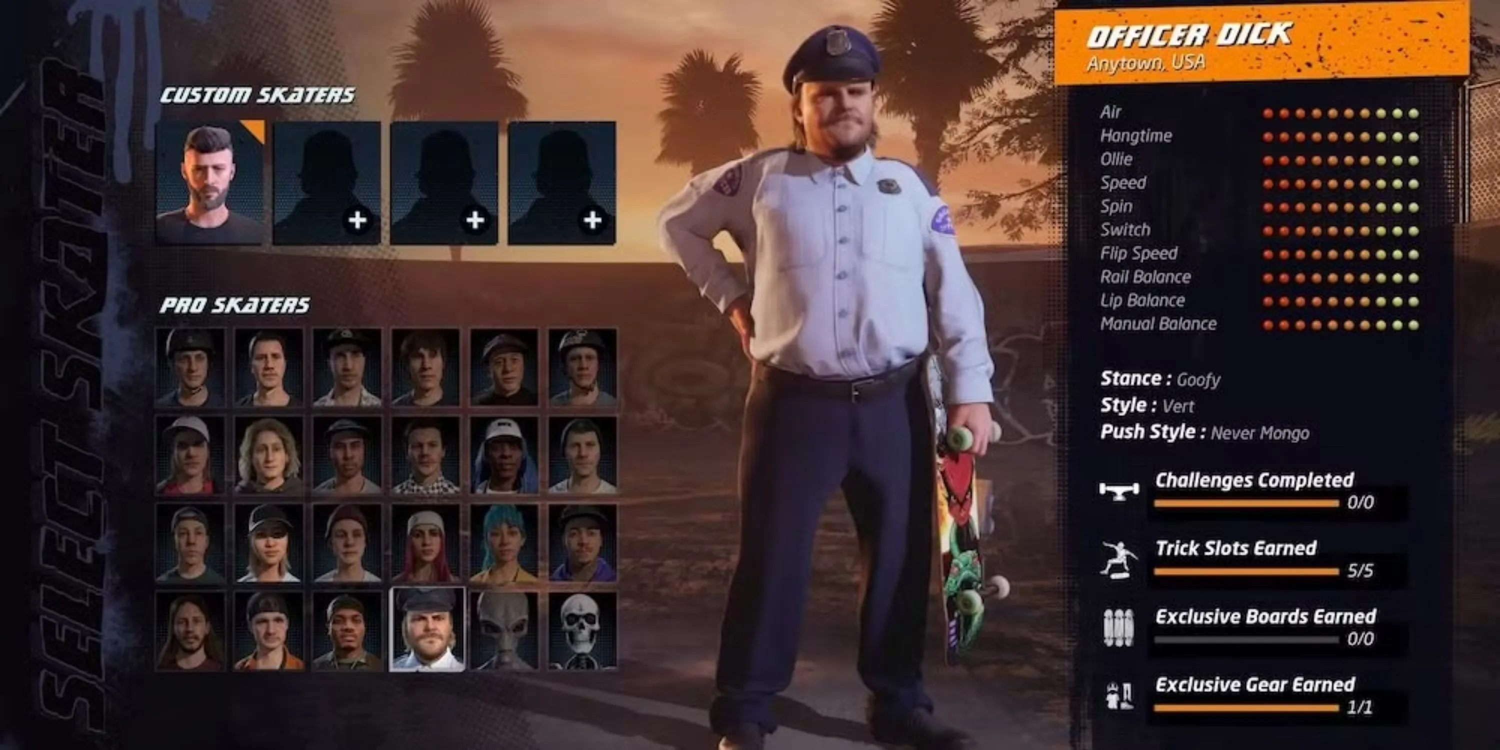 Nhân vật Officer Dick trên màn hình chọn nhân vật của Tony Hawk's Pro Skater 1+2.