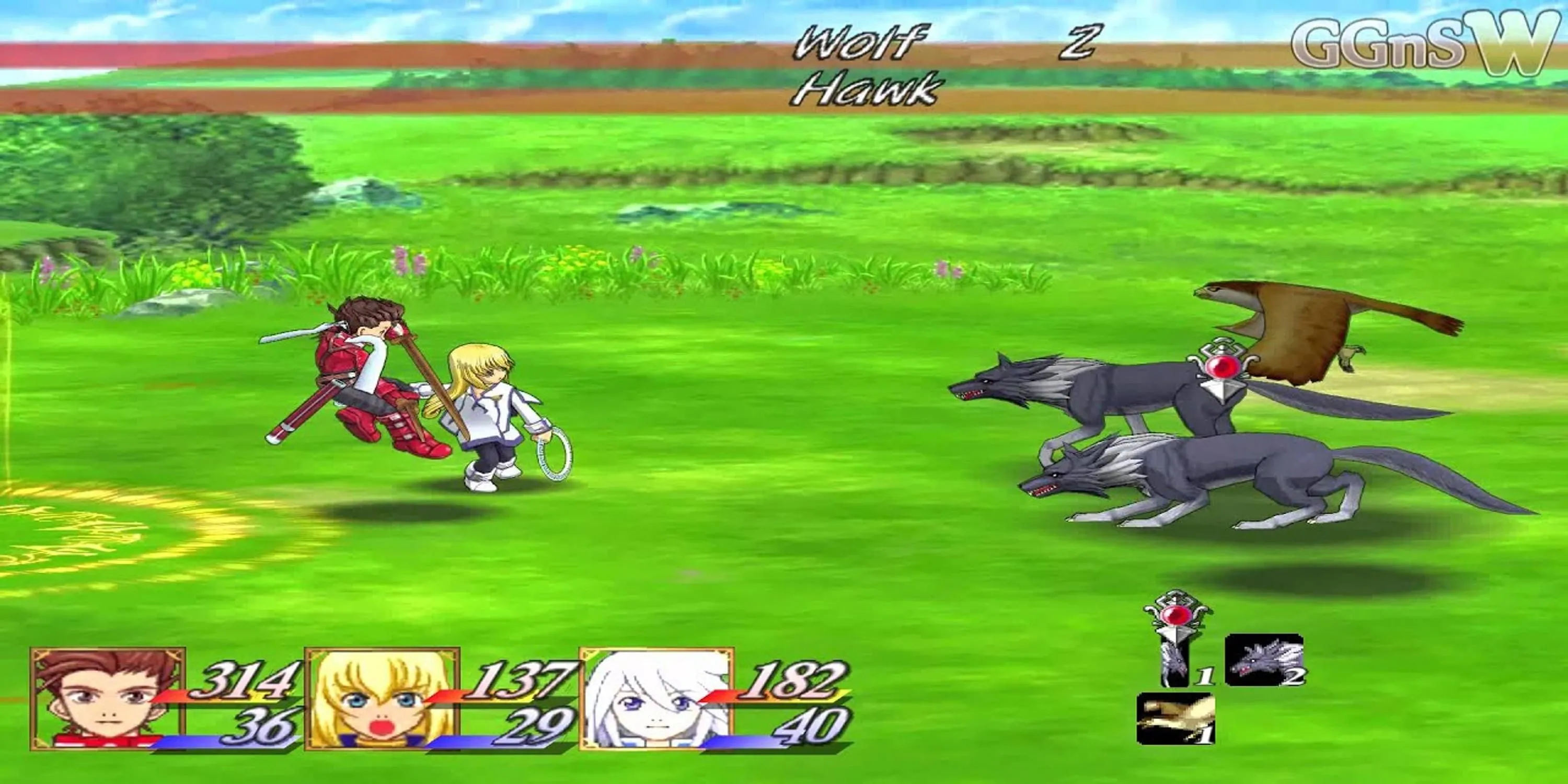 Nhóm anh hùng trong Tales of Symphonia đối đầu với quái vật, tái hiện hệ thống chiến đấu Linear Motion Battle System năng động của tựa JRPG kinh điển này