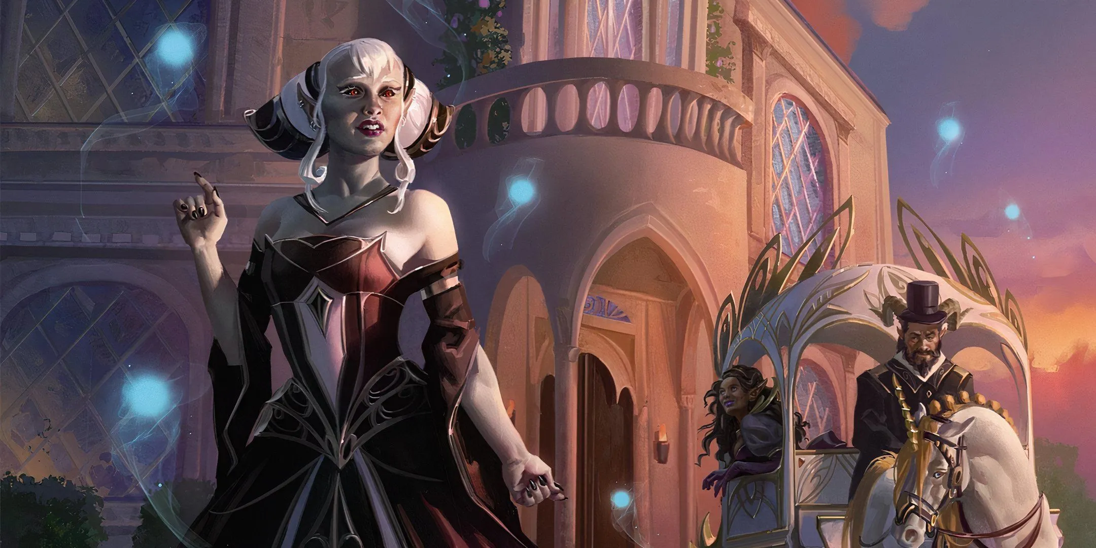Nữ chủ nhà đón khách tại Paliset Hall ở Feywild, thể hiện phong cách của Neutral Evil