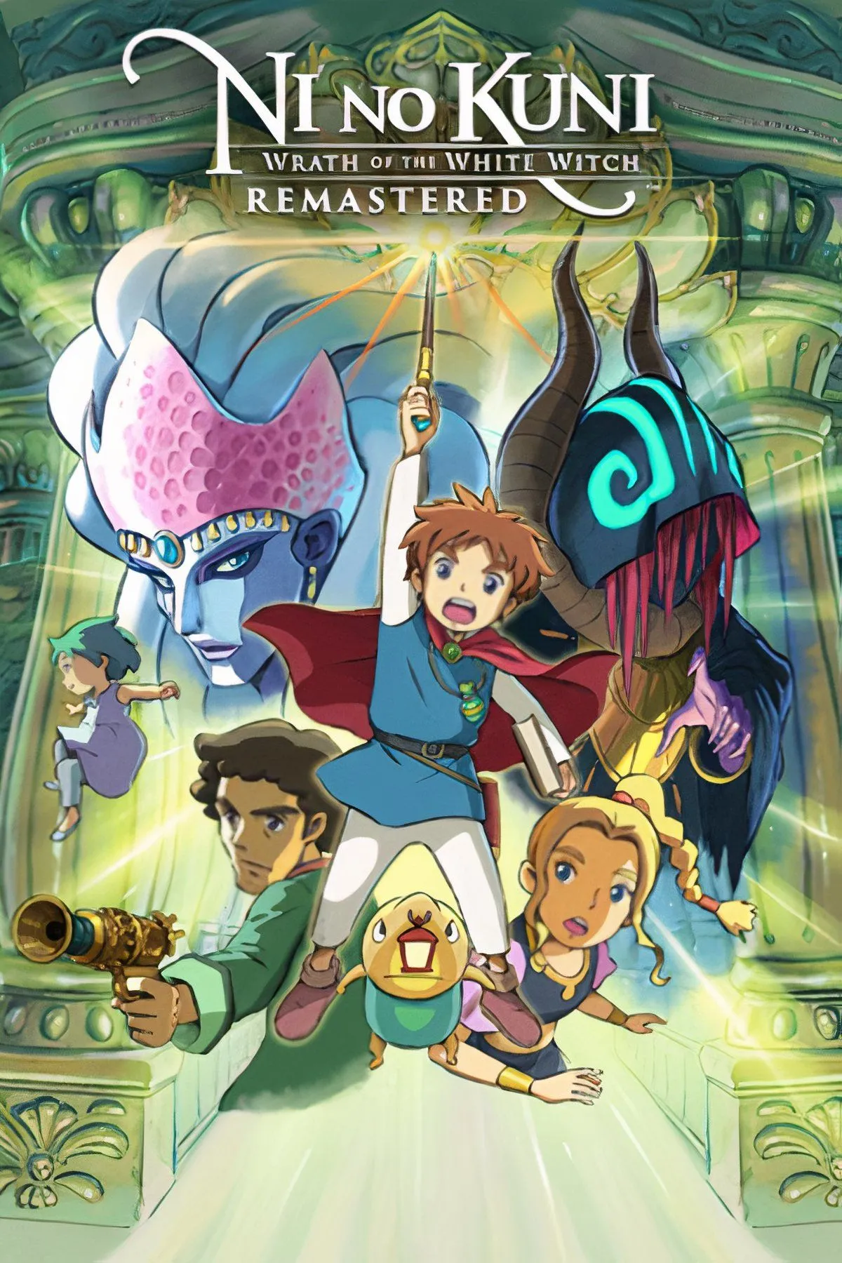 Oliver và linh hồn bảo vệ của cậu trong thế giới ma thuật của Ni no Kuni, minh họa đồ họa Studio Ghibli.