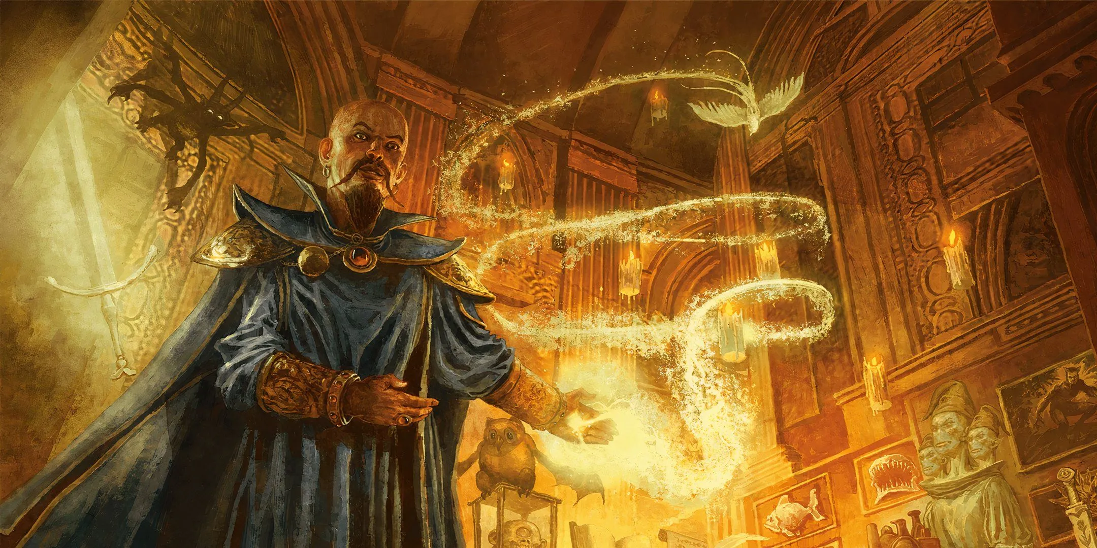 Pháp sư áo choàng xanh niệm phép trong thư phòng vàng trong Dungeons & Dragons, minh họa thế giới ma thuật D&D.