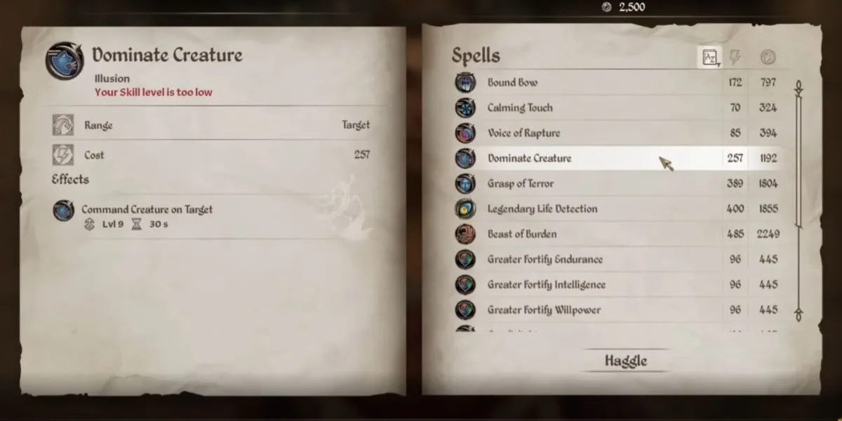 Phép thuật Dominate Creature khiến quái vật trở thành đồng minh tạm thời trong Oblivion Remastered, minh họa khả năng điều khiển sinh vật.