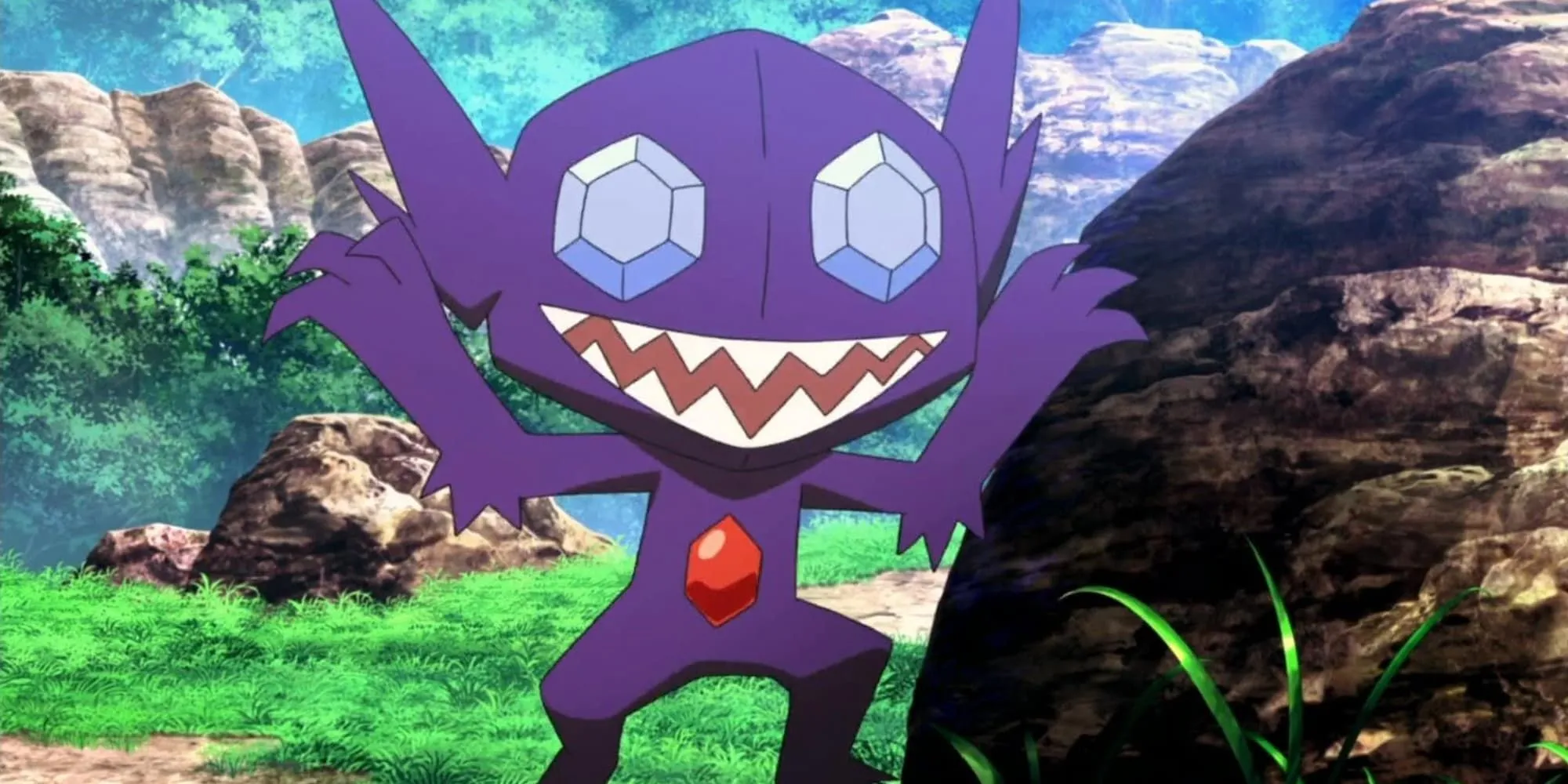 Pokemon Sableye xuất hiện bất ngờ từ phía sau tảng đá trong phim hoạt hình Pokemon