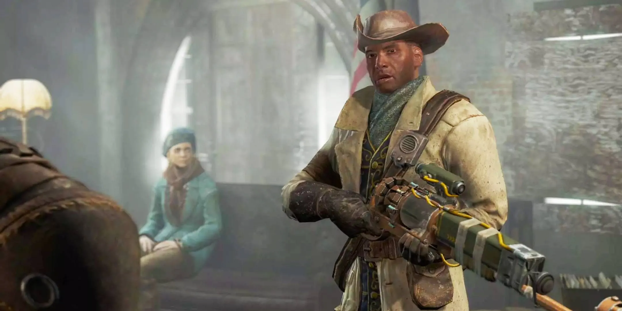 Preston Garvey cầm súng laser trò chuyện với người chơi tại Concord trong Fallout 4, biểu tượng của nhiệm vụ tự phát gây phiền toái.