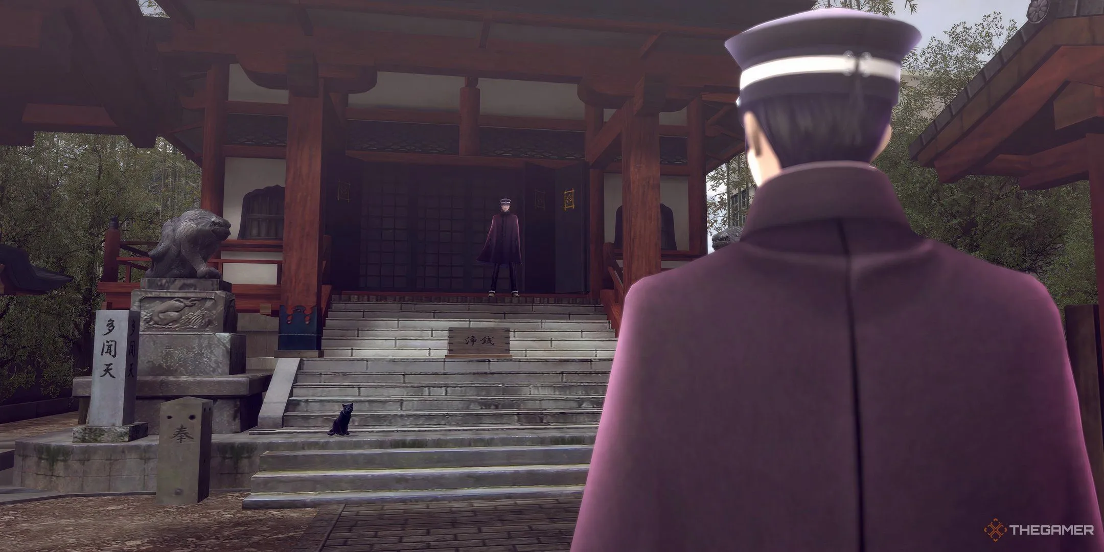 Raidou Kuzunoha và Goto tại đền Tamonten trong Raidou Remastered: The Mystery of the Soulless Army