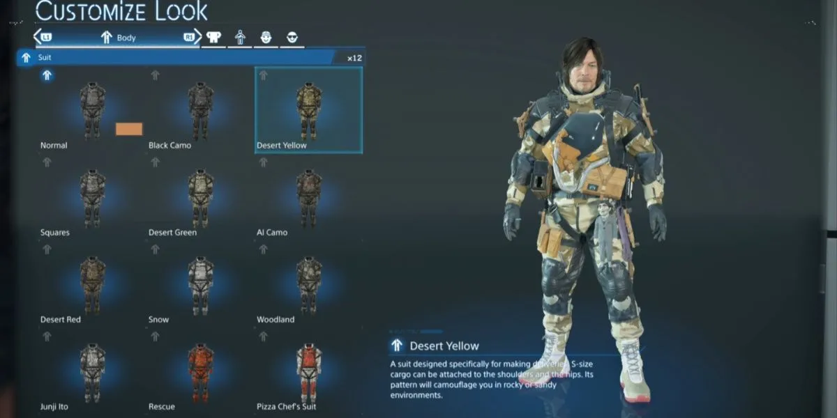 Sam Porter Bridges mặc Desert Yellow Suit trong Death Stranding 2: On the Beach