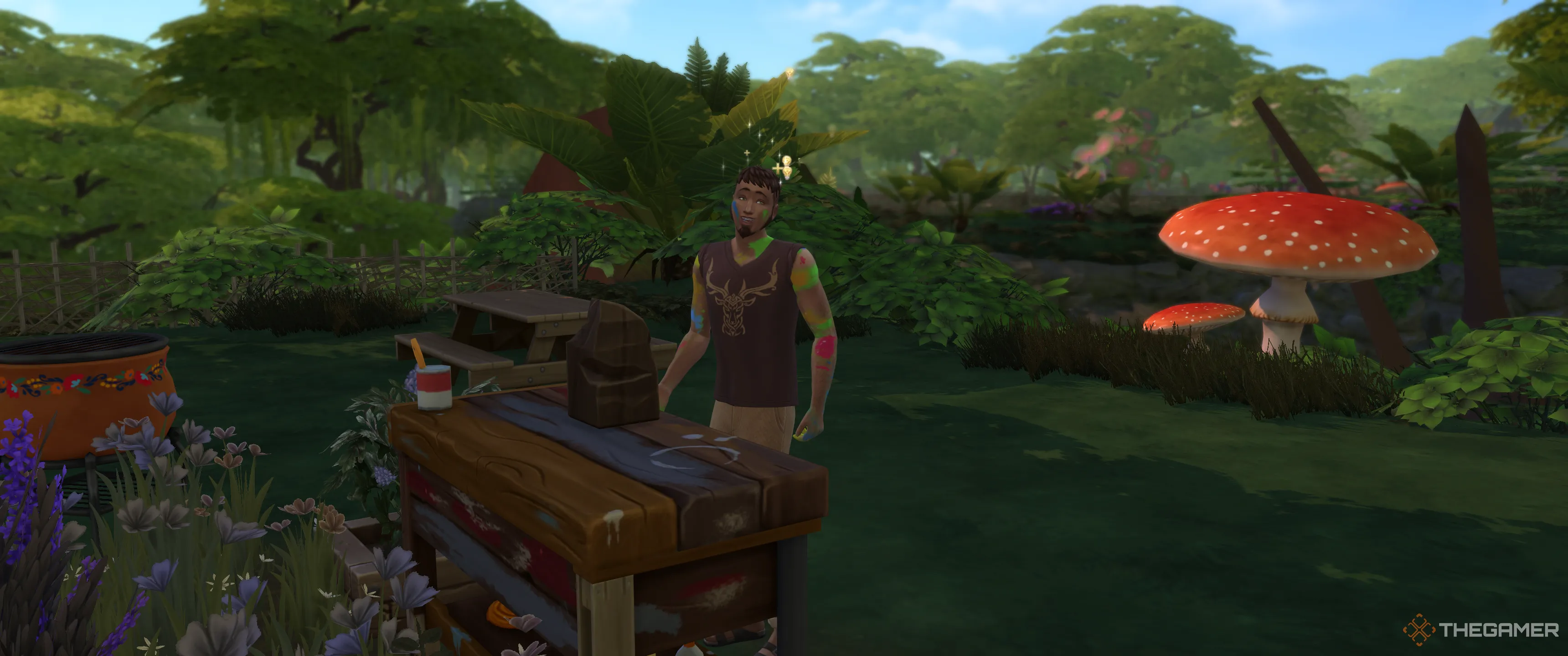 Sim mắc bệnh Khao Khát Sáng Tạo đang chế tạo đồ vật trong The Sims 4 Enchanted By Nature
