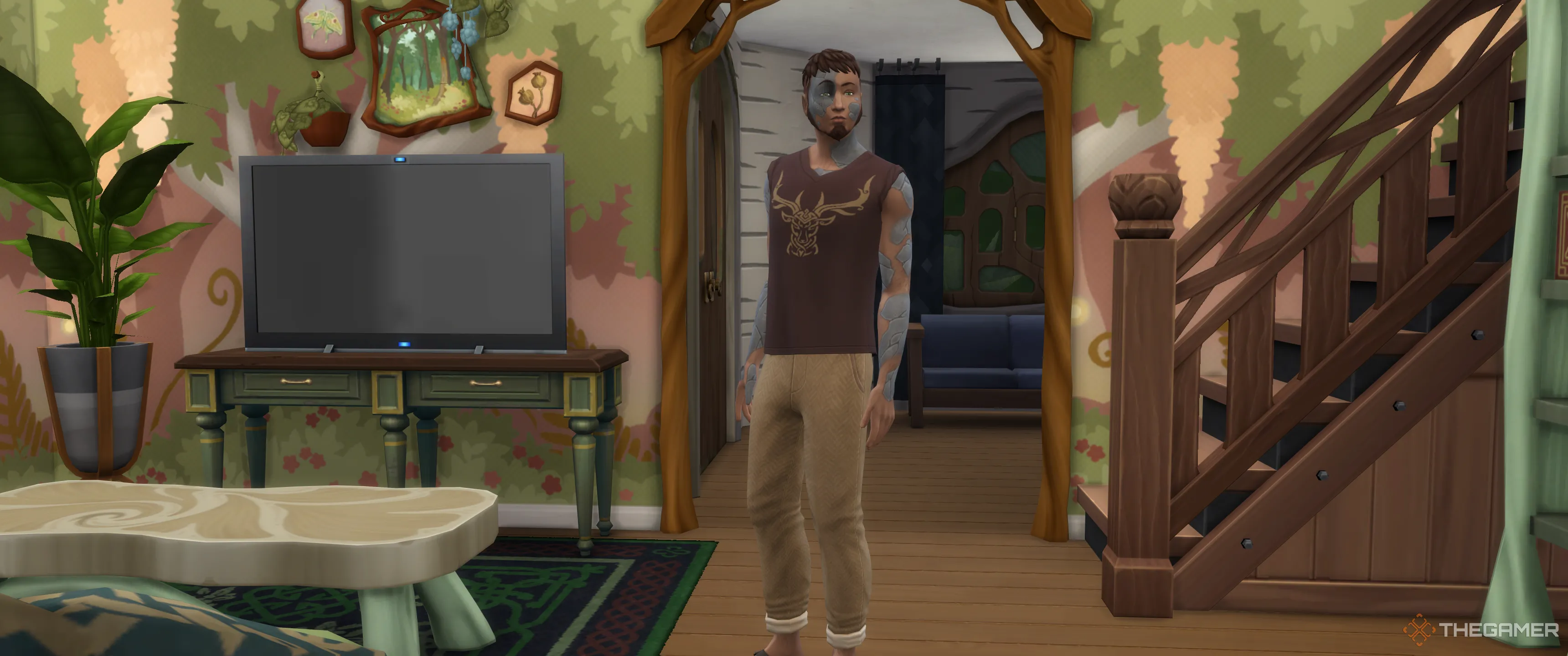 Sim mắc bệnh Khoảng Trống Cảm Xúc trong phòng khách của The Sims 4 Enchanted By Nature