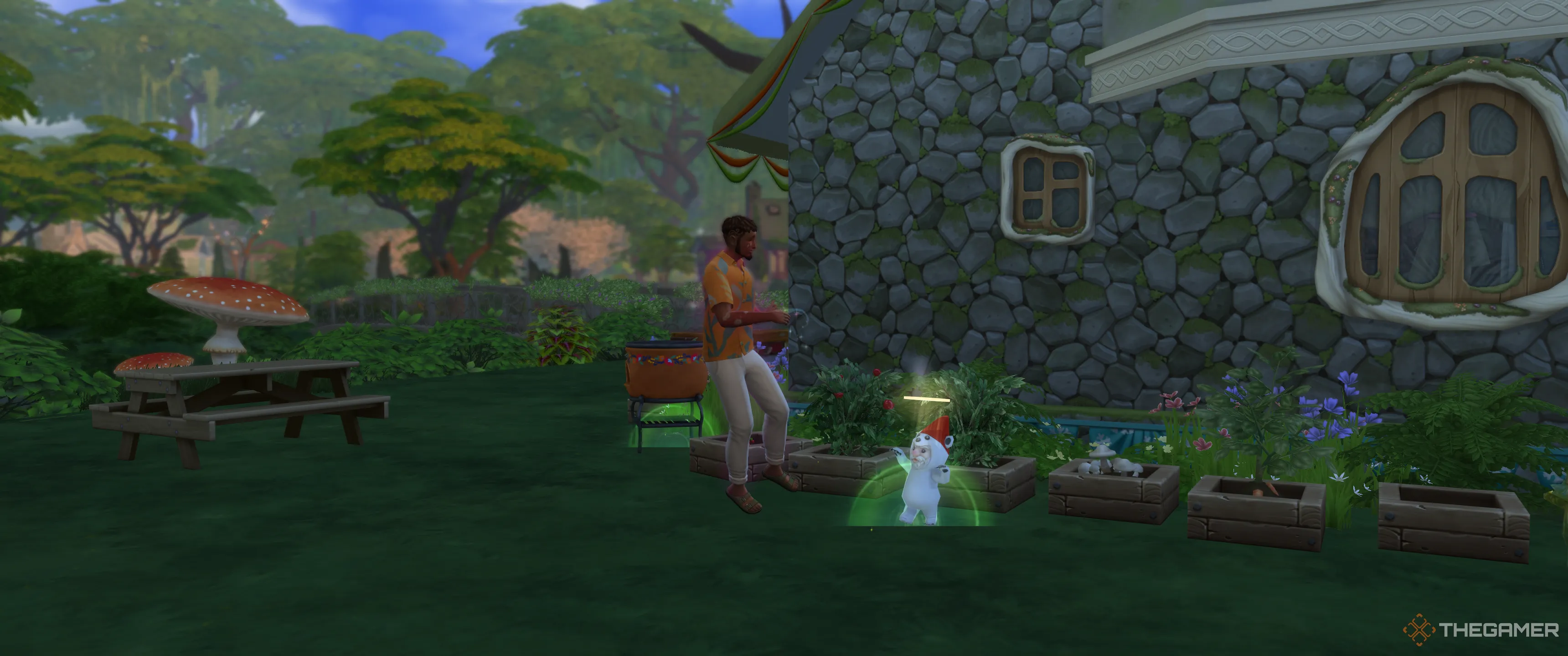 Sim tương tác với Gnome sau khi mắc bệnh Thu Hút Gnome trong The Sims 4 Enchanted By Nature
