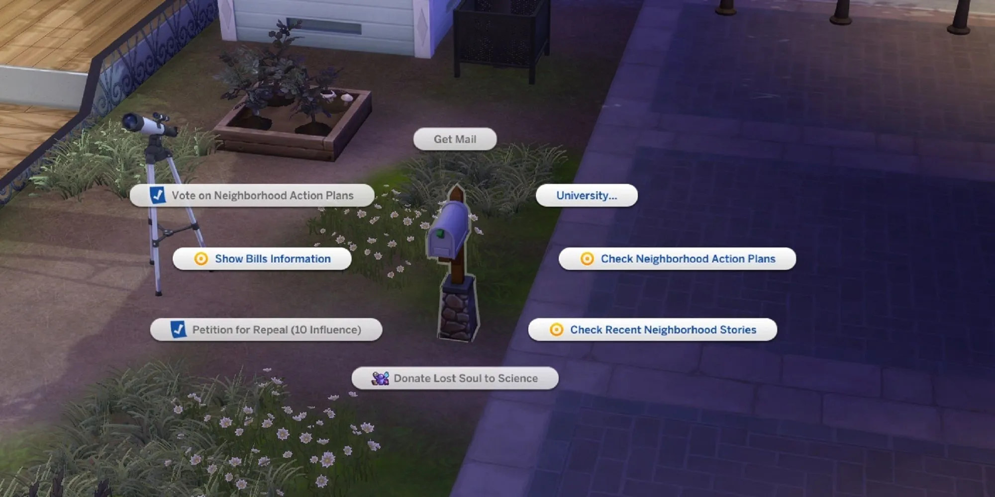 Sims đang tương tác với hòm thư để thanh toán hóa đơn điện nước trong The Sims 4