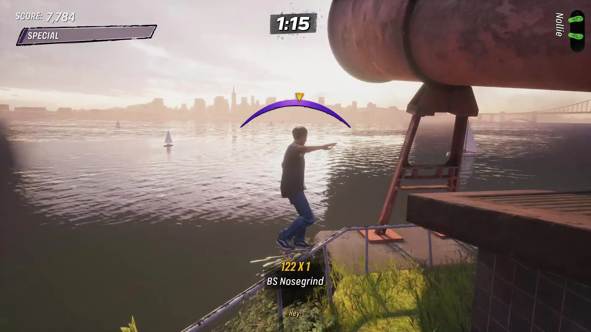 Skater thực hiện động tác Nosegrind điệu nghệ trên lan can gần còi báo hiệu tại Alcatraz trong Tony Hawk's Pro Skater 3 + 4