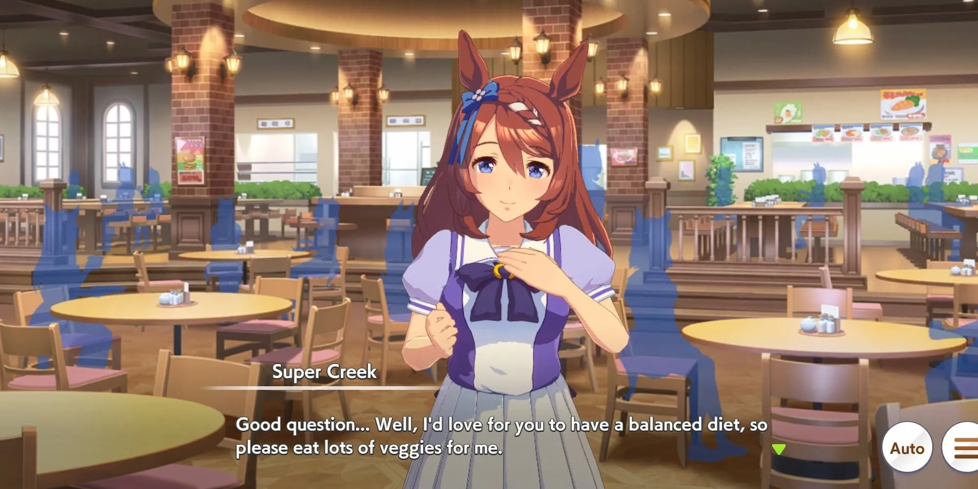 Super Creek trong Umamusume: Pretty Derby với biểu cảm dịu dàng, thể hiện hình ảnh "mẹ ngựa" được yêu thích.