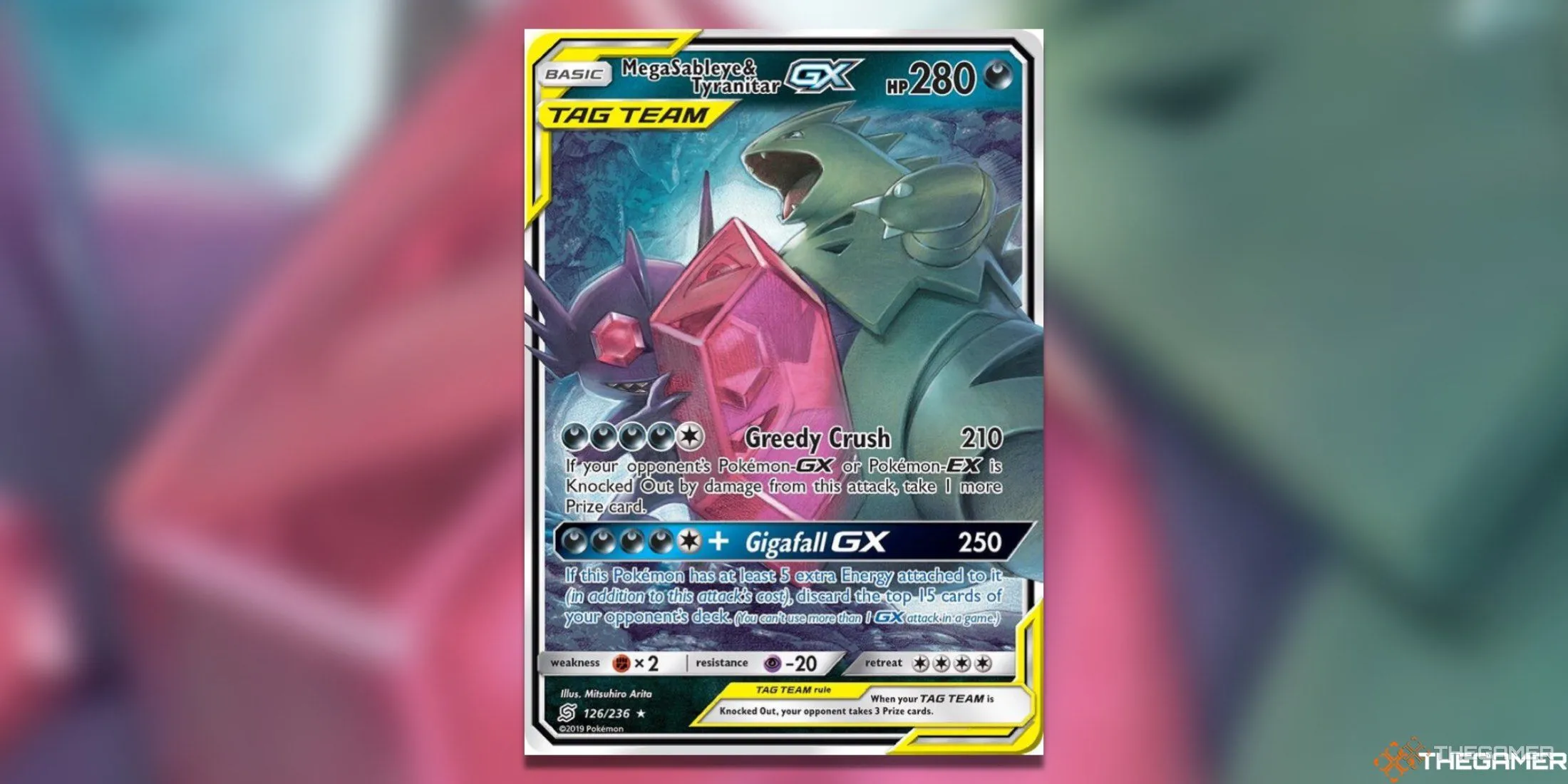 Thẻ bài Mega Sableye &amp; Tyranitar GX Unified Minds Ultra Rare với viên ngọc lớn