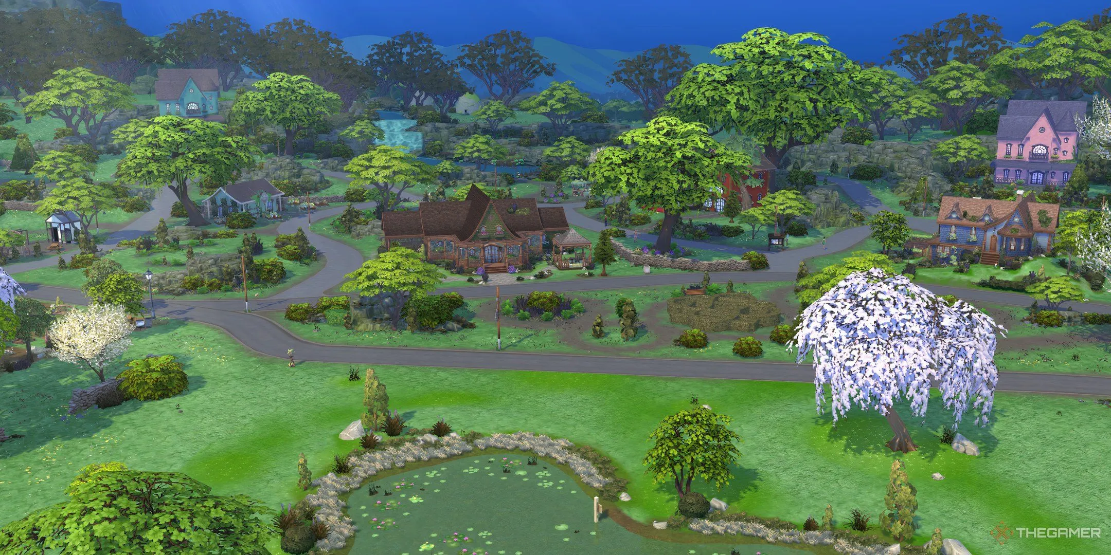 Toàn cảnh khu phố Sprucederry Grove với vẻ đẹp thiên nhiên trong The Sims 4 Enchanted By Nature.