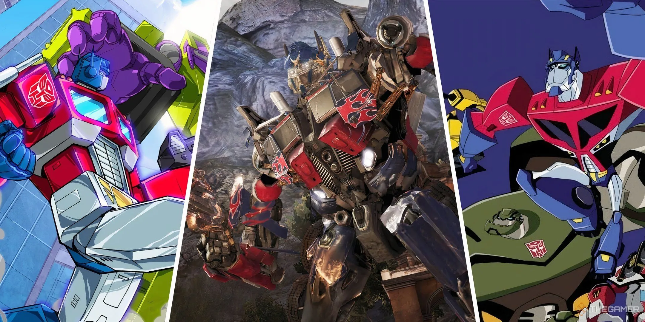 Tổng hợp hình ảnh Optimus Prime từ các game Transformers cũ (Devastation, Dark of the Moon) và hoạt hình, gợi lại ký ức về series game này.