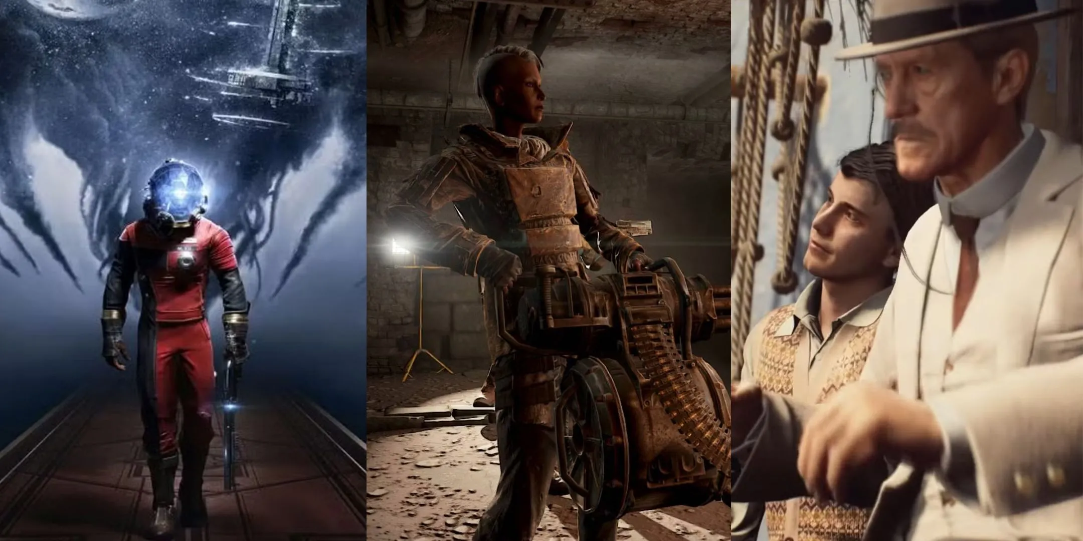 Tổng hợp hình ảnh từ game Prey, Fallout 4 và Indiana Jones And The Great Circle, minh họa các nhiệm vụ phụ đa dạng.