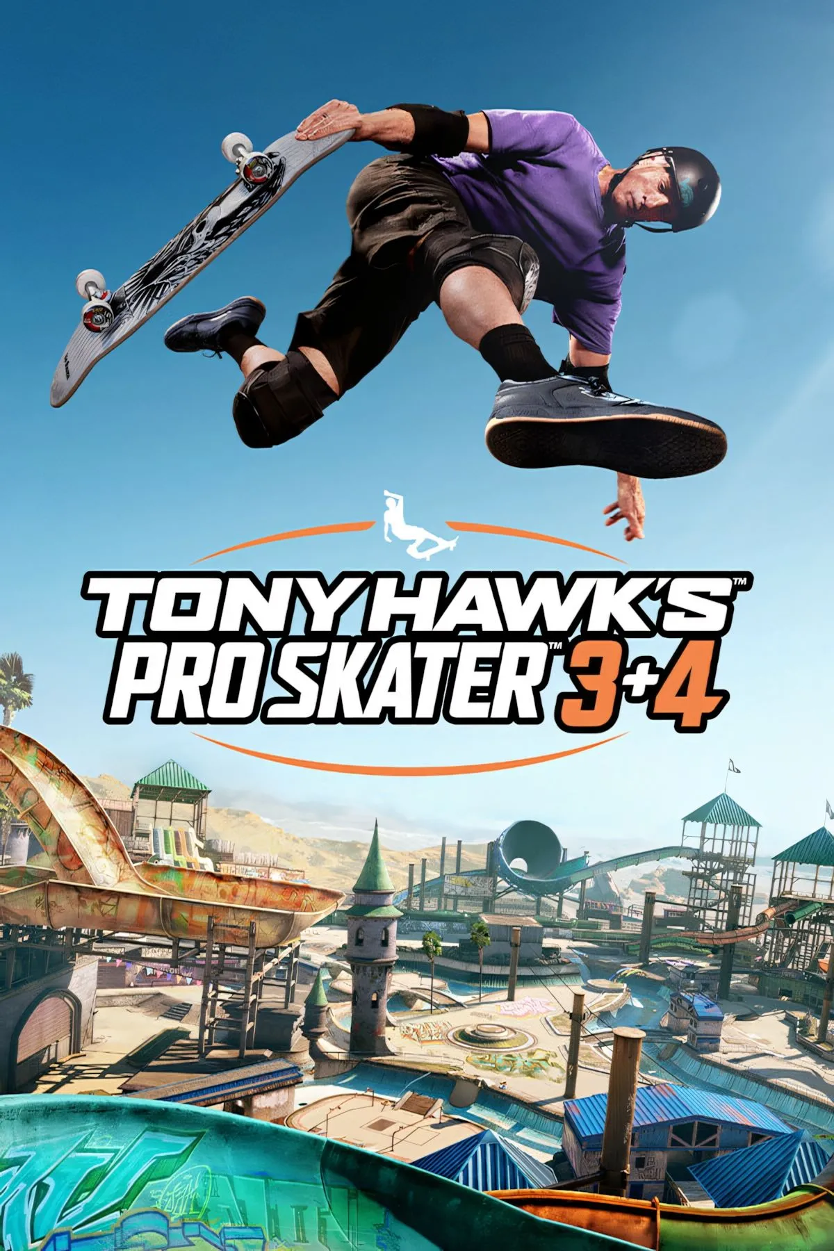 Tony Hawk biểu diễn trên đường phố London trong Tony Hawk's Pro Skater 3 + 4, phông nền là kiến trúc cổ điển và xe buýt hai tầng đặc trưng.