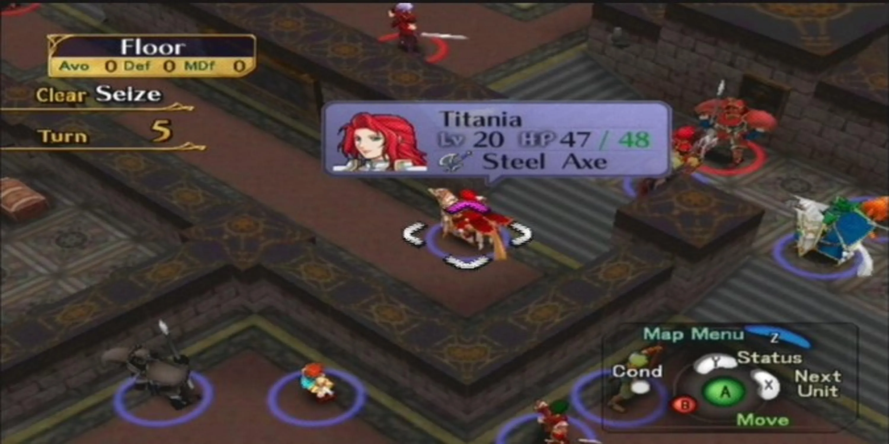 Trận chiến chiến thuật theo lượt của Fire Emblem: Path of Radiance trên bản đồ lưới, thể hiện lối chơi nhập vai chiến lược đặc trưng của series trên GameCube