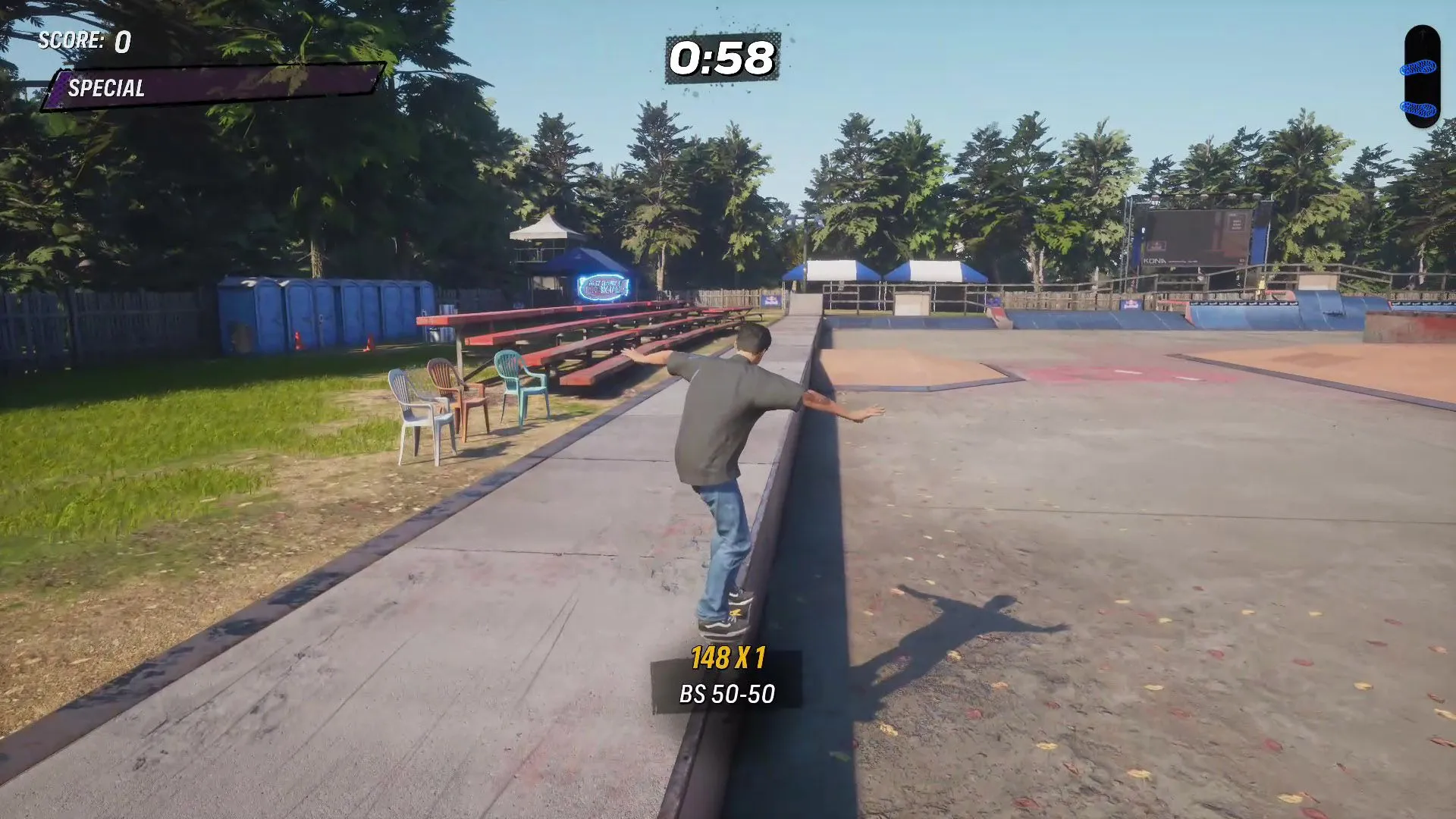 Vị trí điểm kỹ năng (Stat Point) đầu tiên trên khán đài ở bản đồ Kona Tony Hawk’s Pro Skater 3 + 4.
