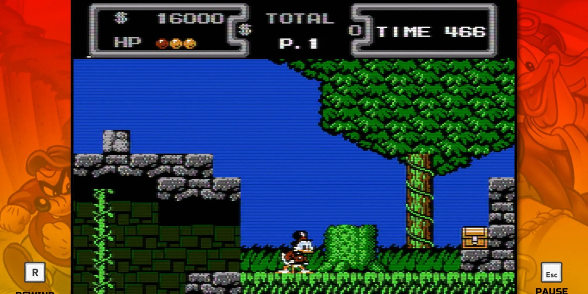 Vịt Scrooge McDuck nhảy bằng cây gậy trên nền đồ họa pixel của DuckTales, một kiệt tác platformer từ Capcom