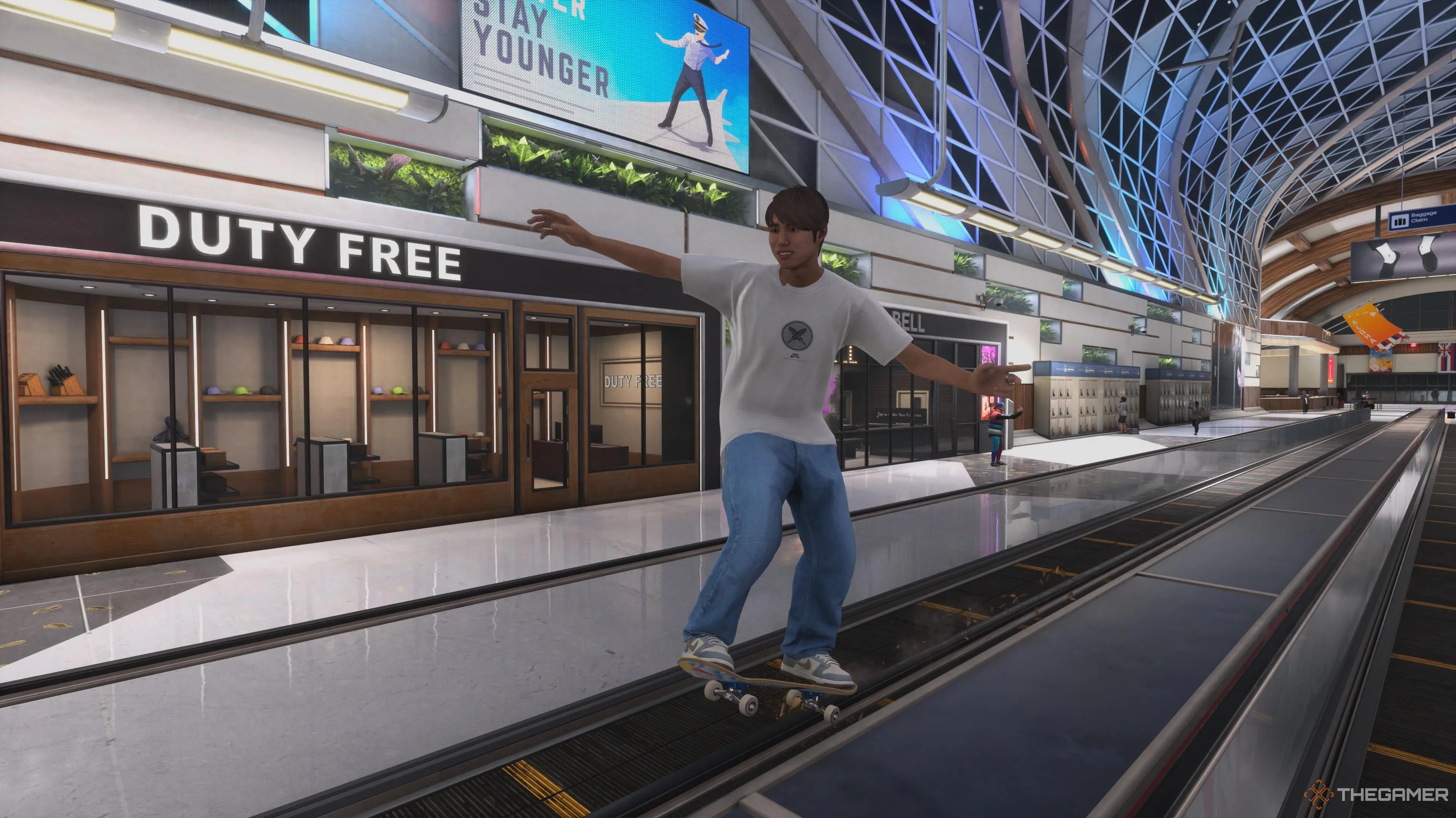 Yuto Horigome thực hiện cú grind điệu nghệ trên đường ray tại bản đồ sân bay trong Tony Hawk's Pro Skater 3+4