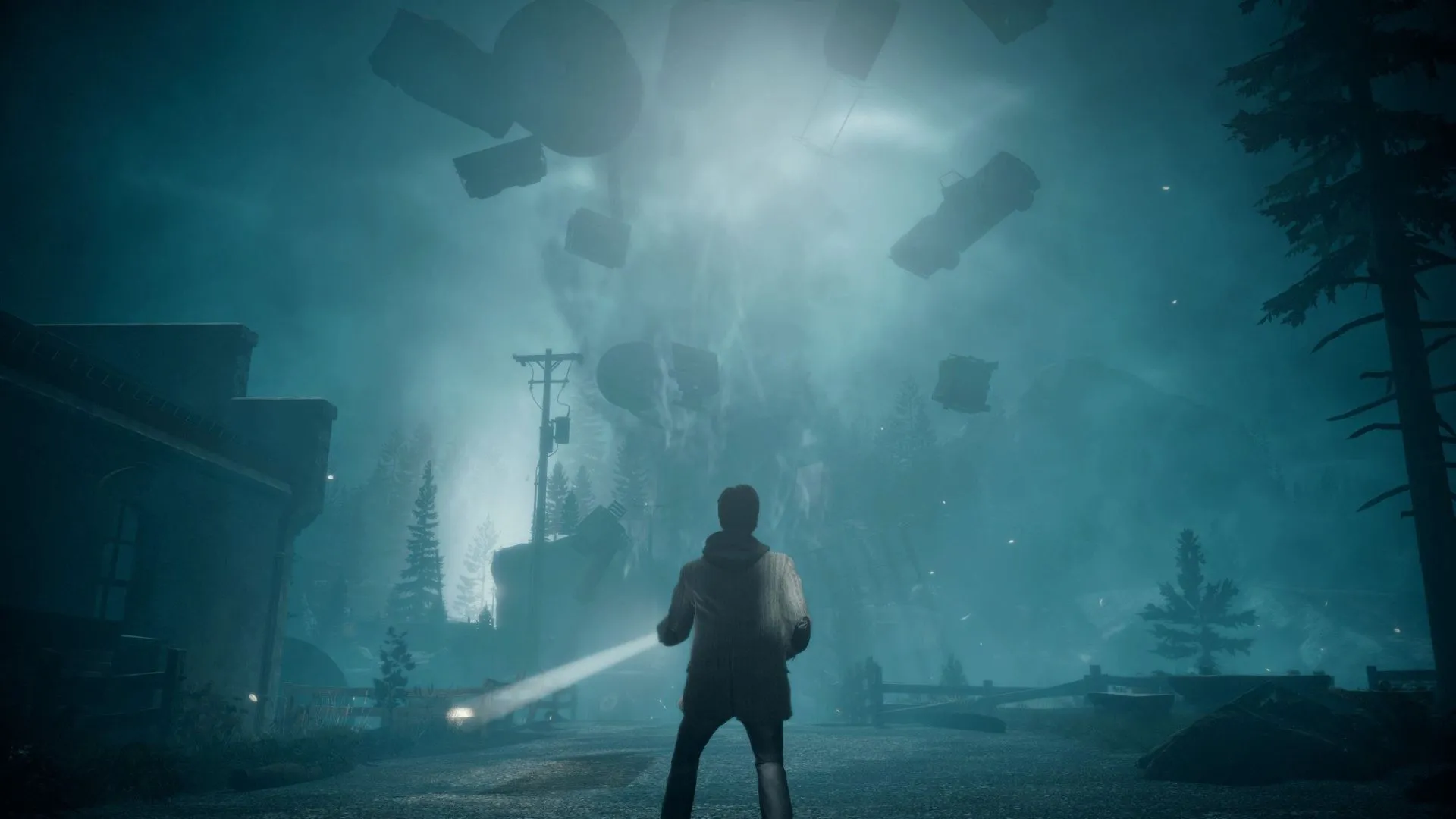 Alan Wake cầm đèn pin chiến đấu với bóng tối bao trùm, khắc họa không khí u ám và căng thẳng trong hành trình tìm kiếm sự thật