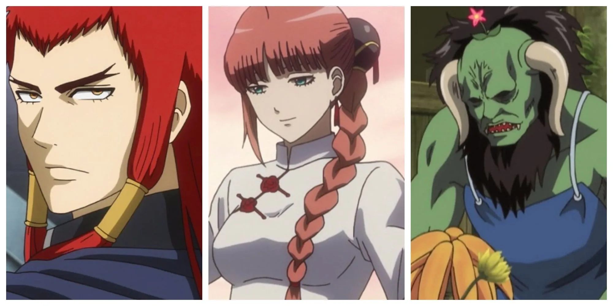 Ảnh cắt cảnh từ Gintama, hiển thị ba nhân vật chính thể hiện sức mạnh và sự quyết tâm