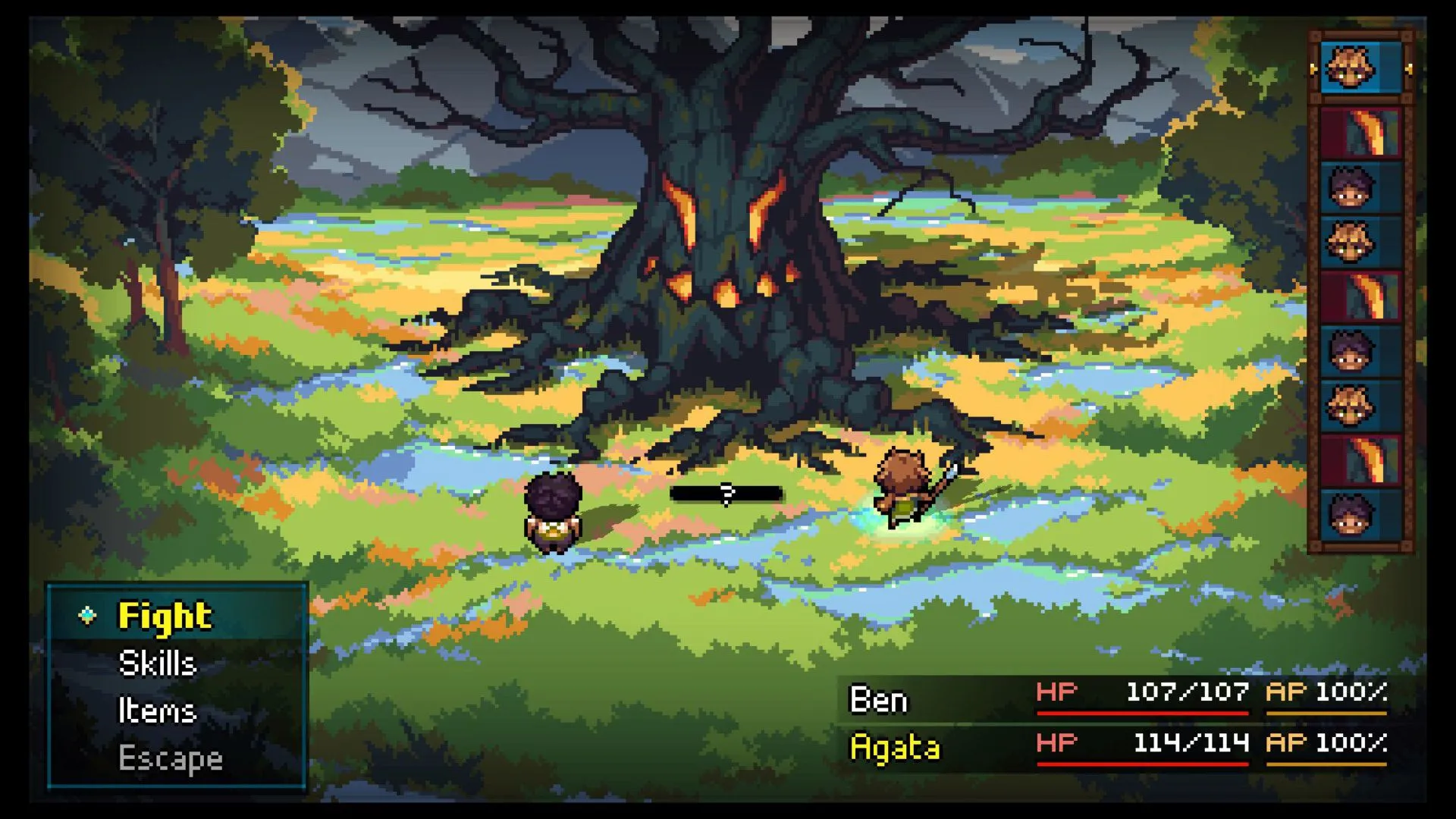 Ben chiến đấu với một con boss cây khổng lồ trong Quartet, thể hiện nét đồ họa pixel art hoài cổ và những trận chiến đầy thử thách.