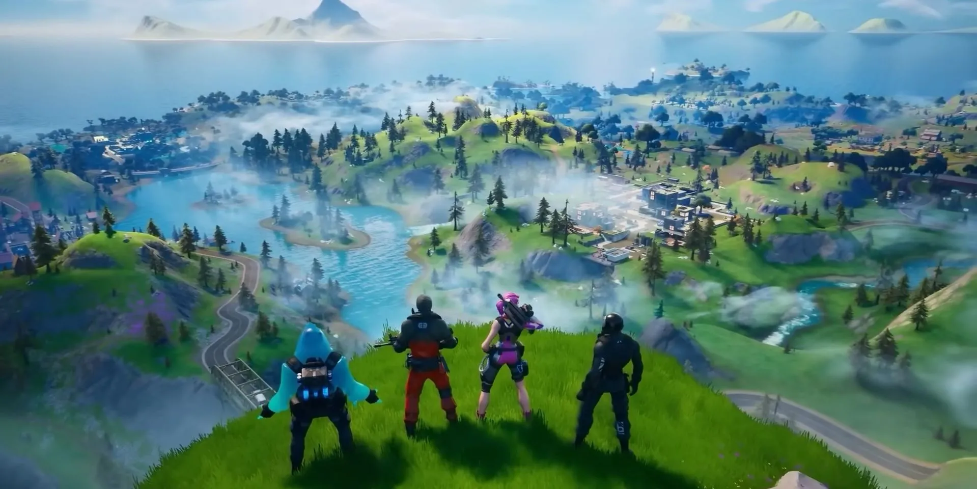 Các nhân vật Fortnite cùng nhau đứng trên đỉnh đồi, tượng trưng cho chiến thắng của game trong cuộc so sánh