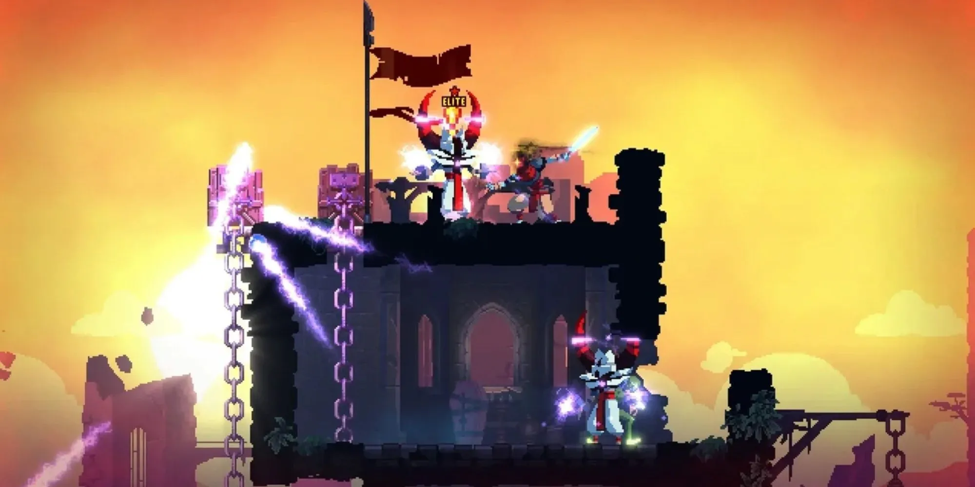 Cảnh chiến đấu trong Dead Cells với nhân vật chính đang sử dụng kỹ năng tấn công, thể hiện đồ họa pixel art độc đáo và lối chơi roguelike đầy hành động.