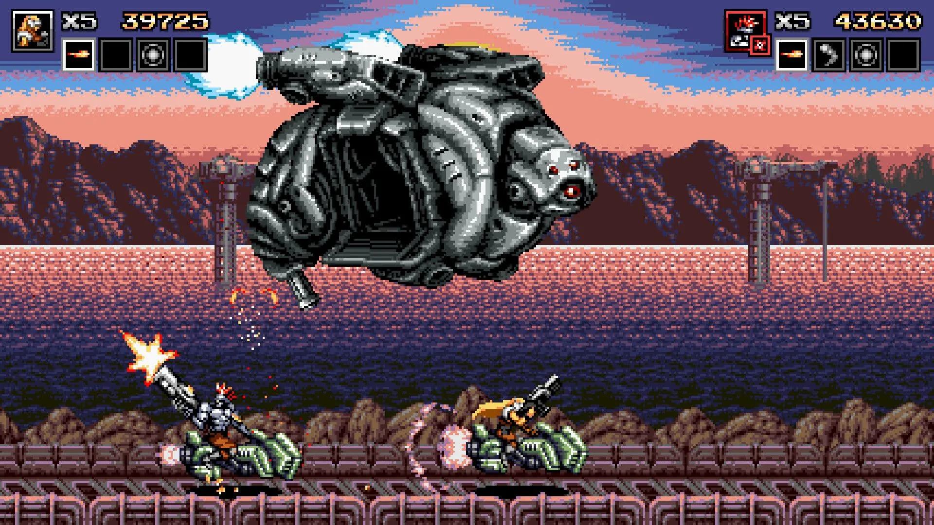 Cảnh gameplay Blazing Chrome với nhân vật di chuyển nhanh chóng và bắn phá trong môi trường cyberpunk đầy màu sắc