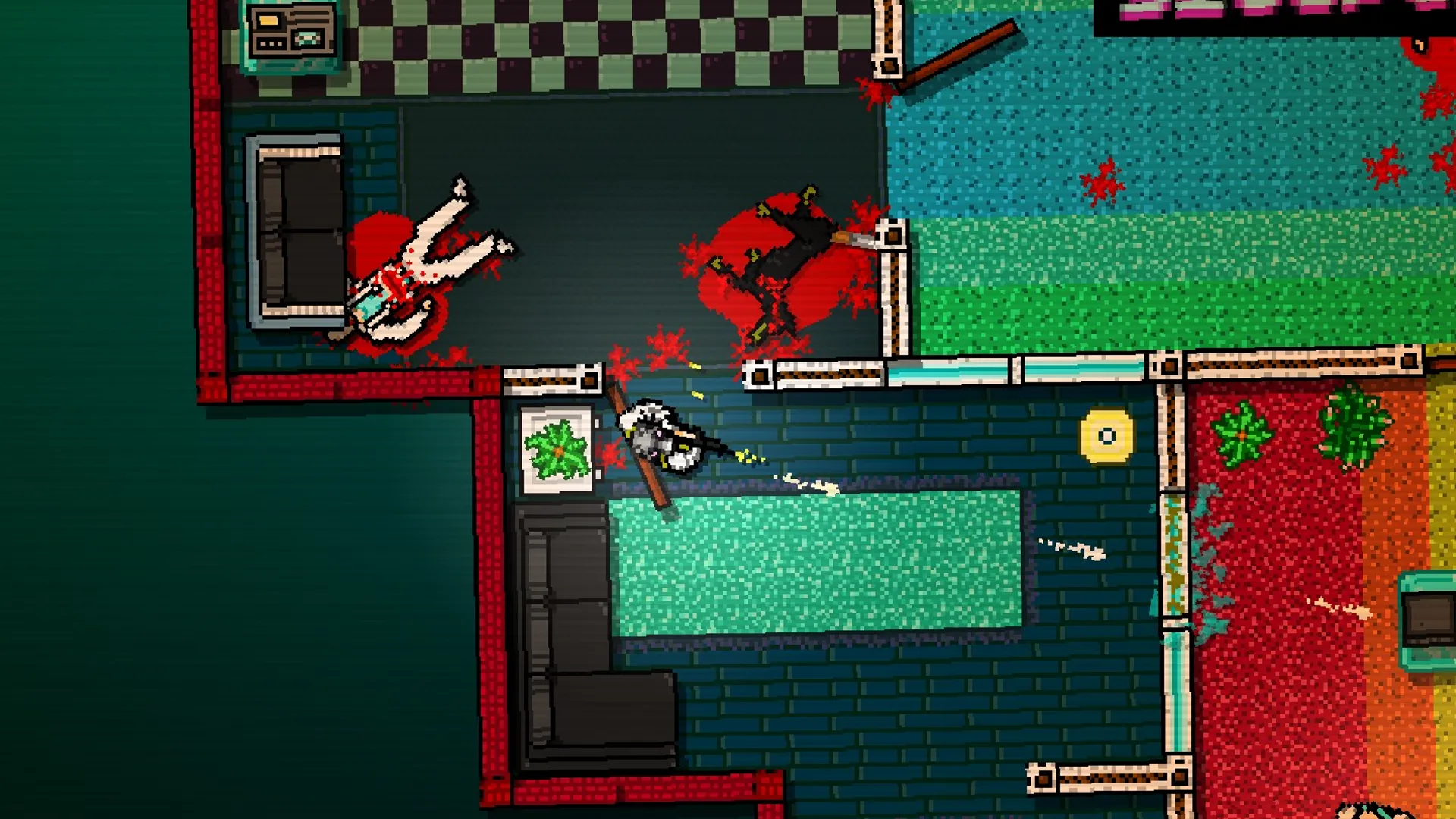 Cảnh gameplay Hotline Miami với nhân vật đeo mặt nạ động vật đang chiến đấu trong môi trường neon rực rỡ