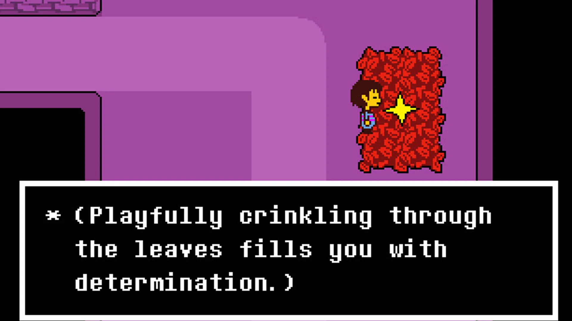 Cảnh lưu game trong Undertale với trái tim đỏ tượng trưng cho linh hồn nhân vật nằm trên đống lá khô