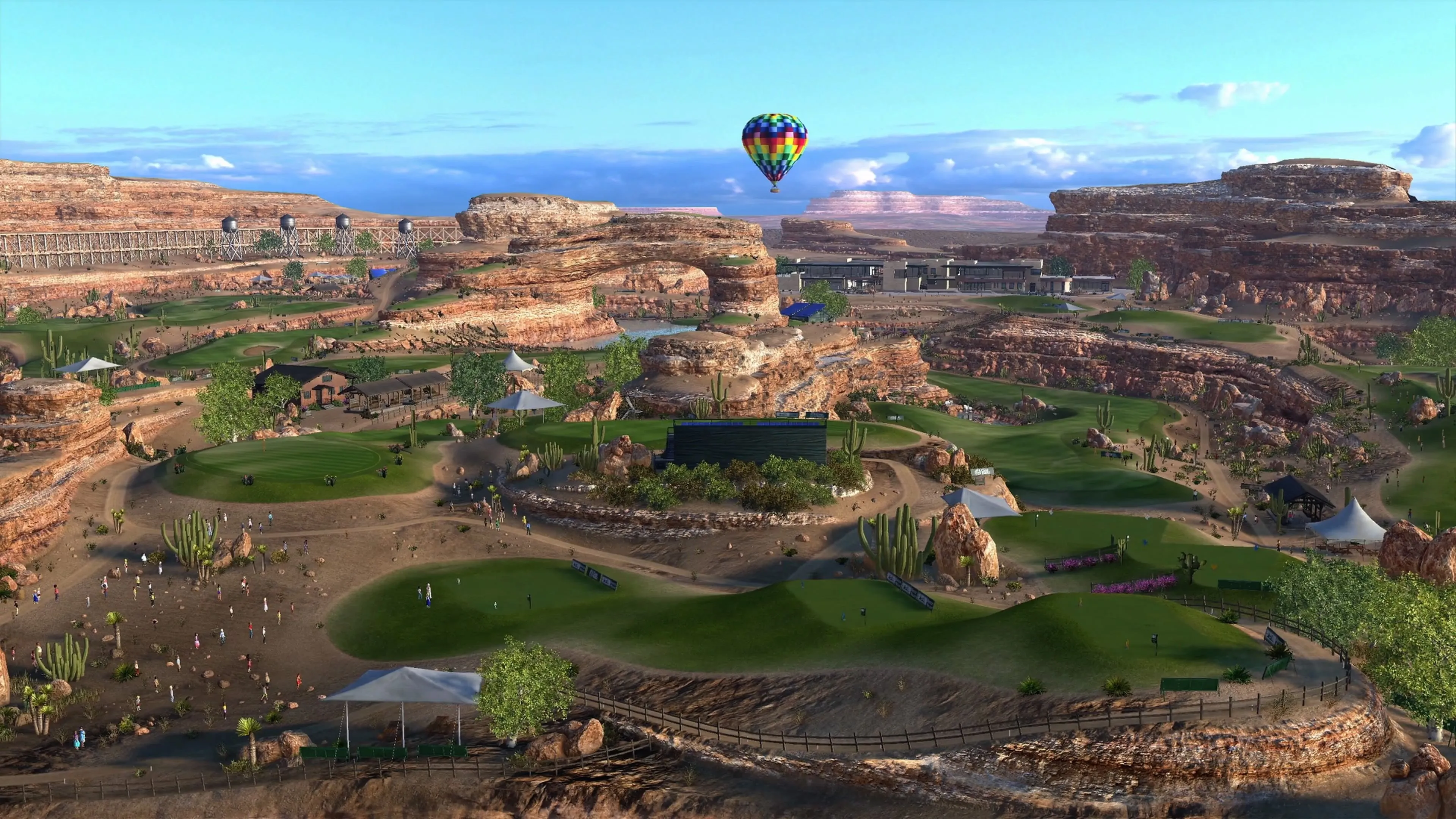 Cảnh sân golf đẹp mắt và chi tiết hơn trong Everybody's Golf 2017, đối lập với chất lượng hình ảnh kém hơn của Everybody's Golf Hot Shots.