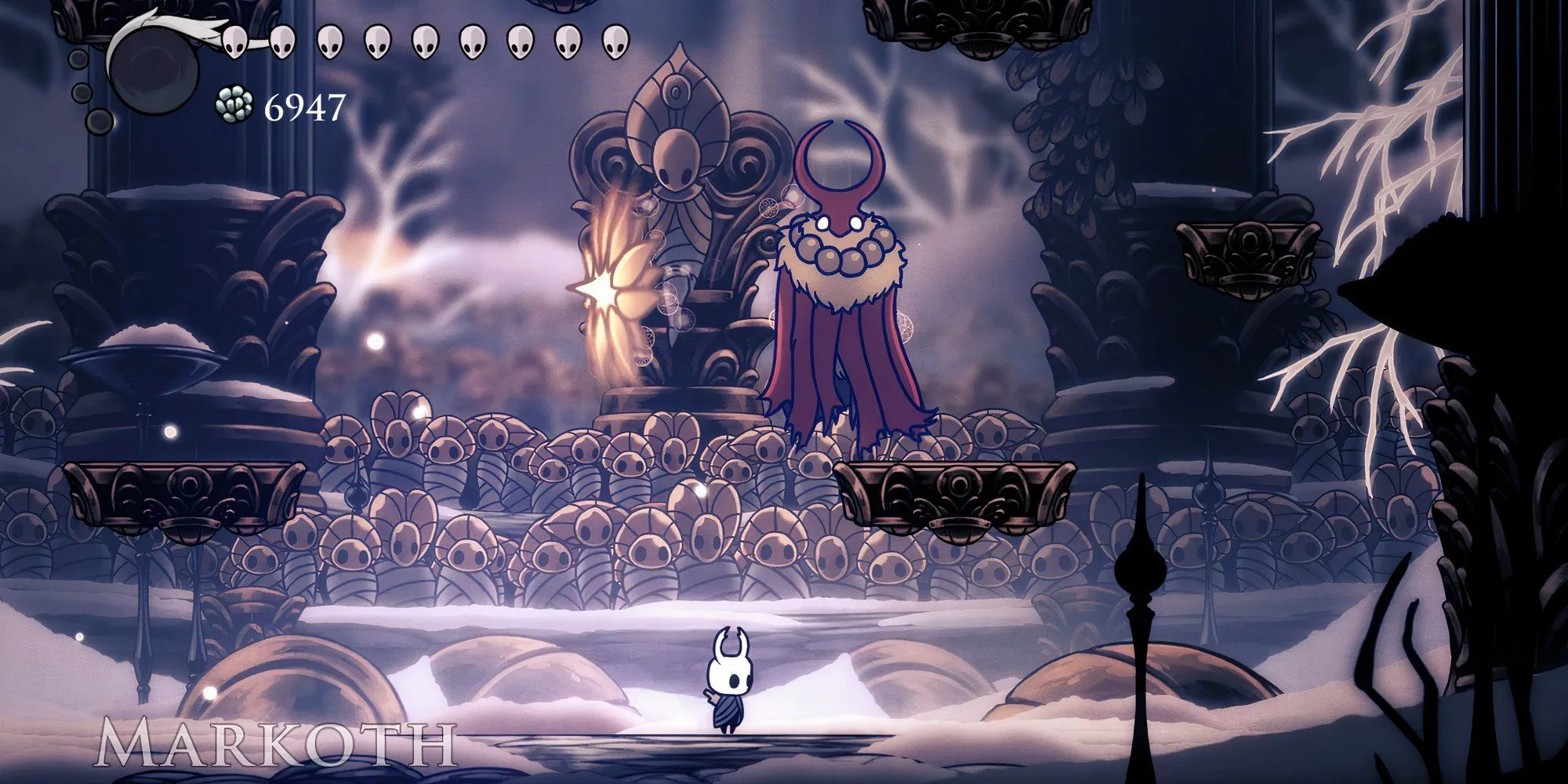 Chiến đấu với Markoth trong Đấu trường Godhome của Hollow Knight, minh họa sự đa dạng boss và kẻ thù