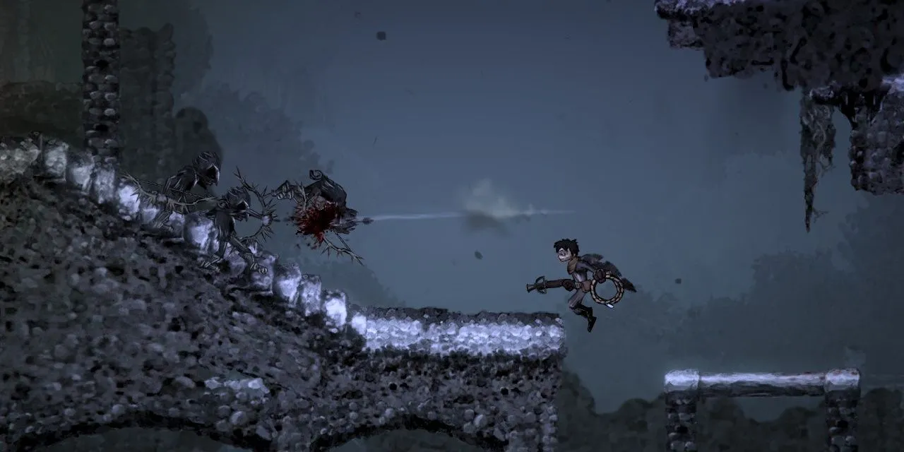 Chiến đấu với nỏ trong Salt and Sanctuary, thể hiện sự đa dạng vũ khí và kẻ thù