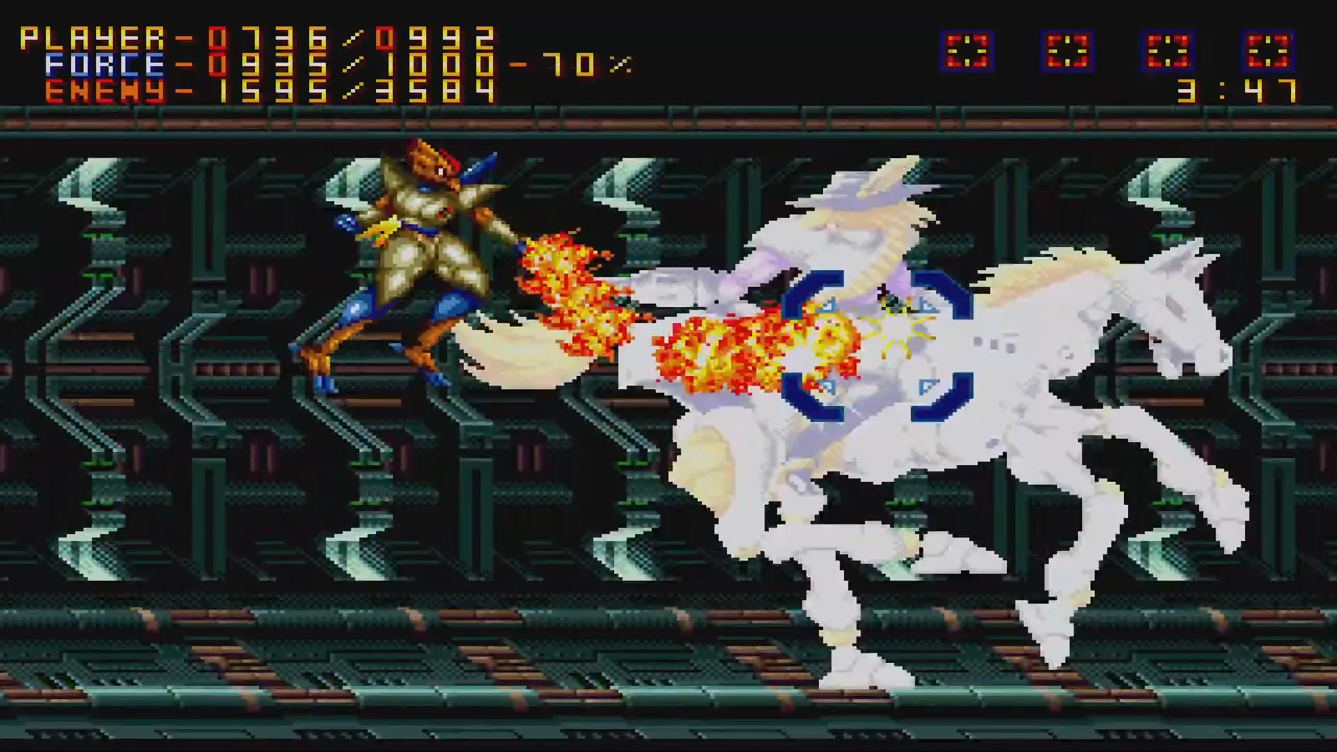 Cuộc chiến của Epsilon Eagle với Wolfgunblood trong Alien Soldier, một trong những trận đấu trùm mang tính biểu tượng