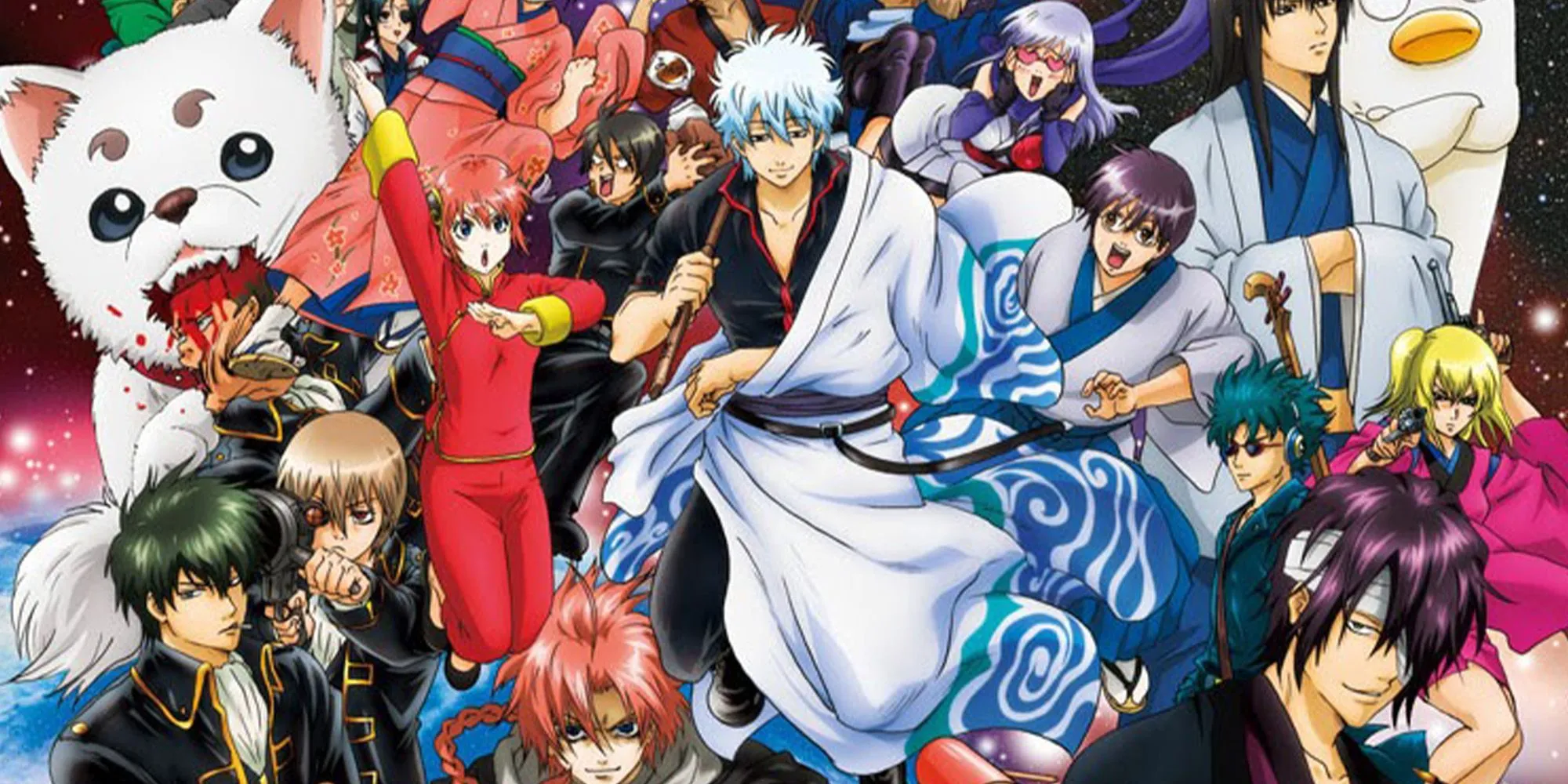 Dàn diễn viên chính của Gintama đứng cùng nhau, thể hiện sự đoàn kết và không khí hài hước của bộ anime